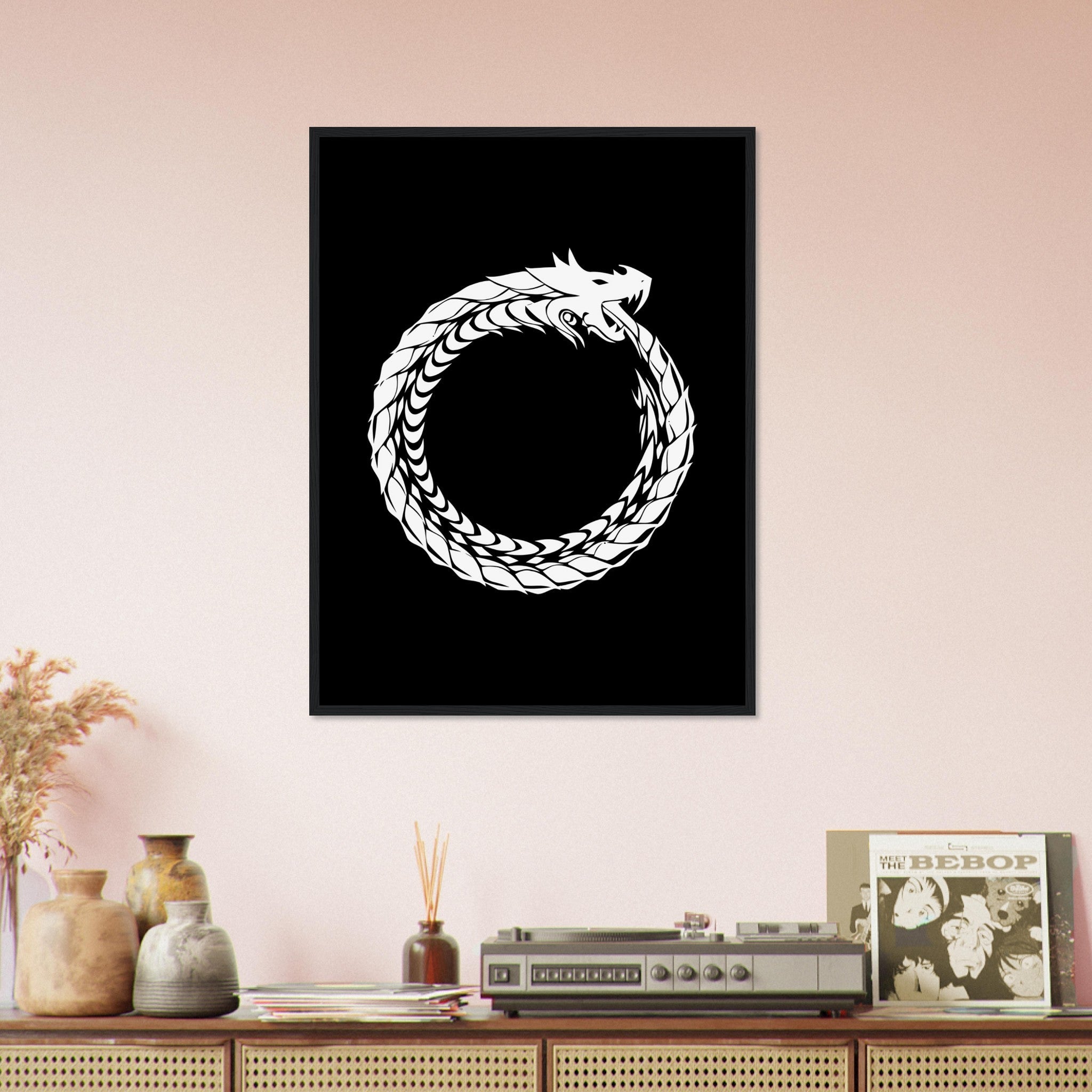 Ouroboros Framed - World Snake Framed White - Uroboros Framed Print White On Black UK, EU, USA, AUS Domestic Shipping - WallArtPrints4U