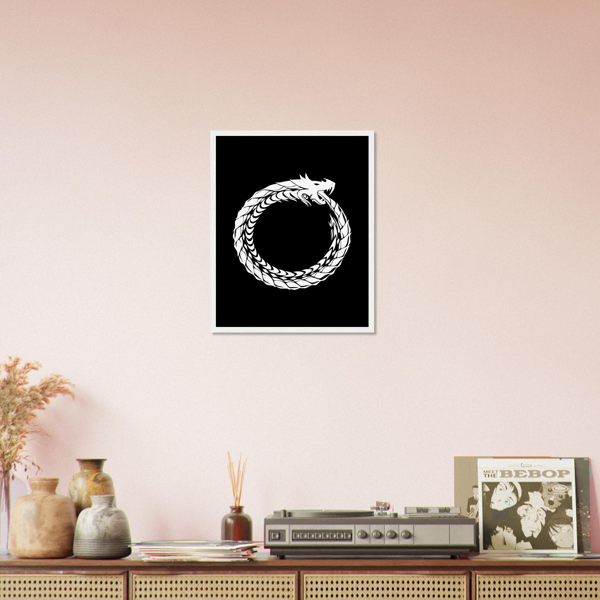 Ouroboros Framed - World Snake Framed White - Uroboros Framed Print White On Black UK, EU, USA, AUS Domestic Shipping - WallArtPrints4U