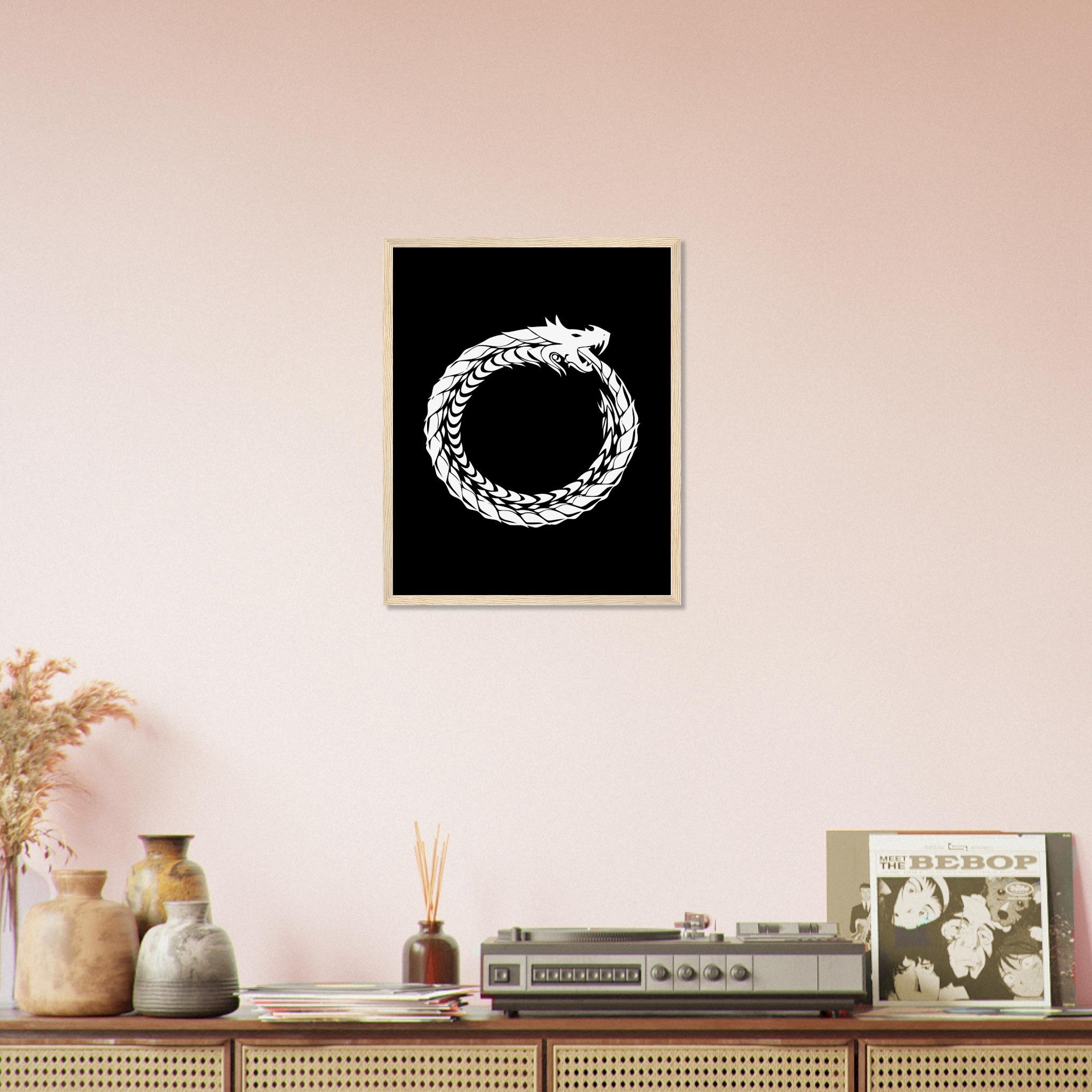 Ouroboros Framed - World Snake Framed White - Uroboros Framed Print White On Black UK, EU, USA, AUS Domestic Shipping - WallArtPrints4U