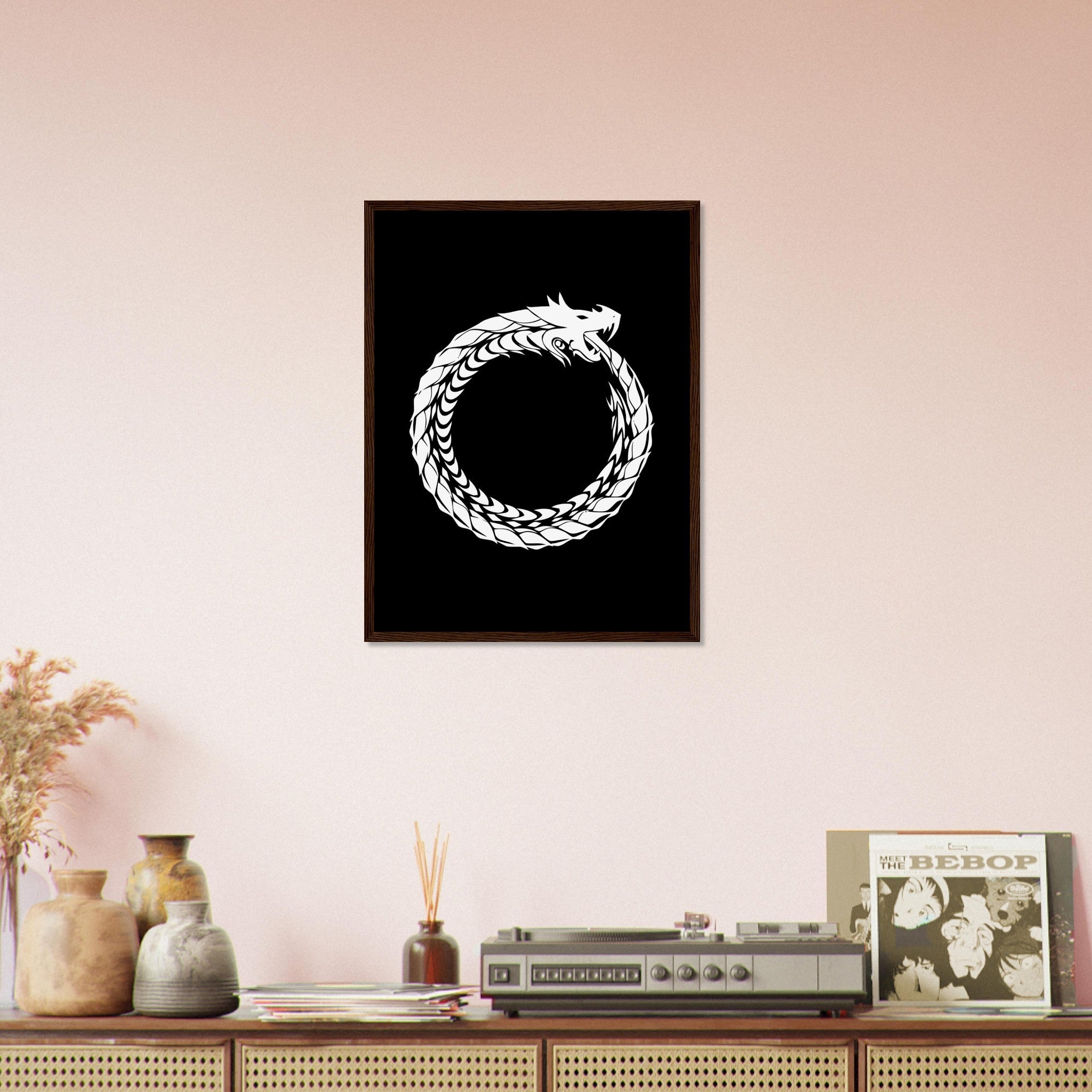 Ouroboros Framed - World Snake Framed White - Uroboros Framed Print White On Black UK, EU, USA, AUS Domestic Shipping - WallArtPrints4U