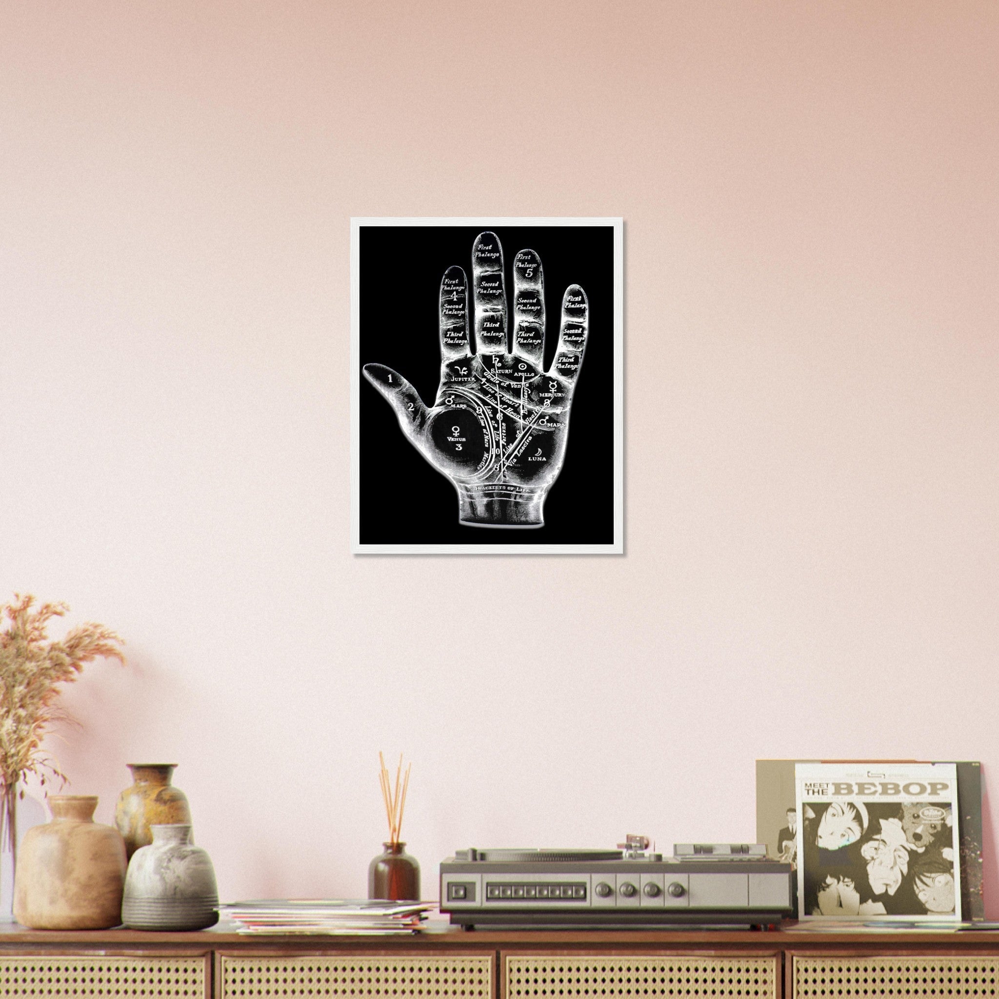 Palmistry Framed, Palmistry Hand Framed Print Spooky White On Black Life Line, Fate Line, Marriage Line - WallArtPrints4U