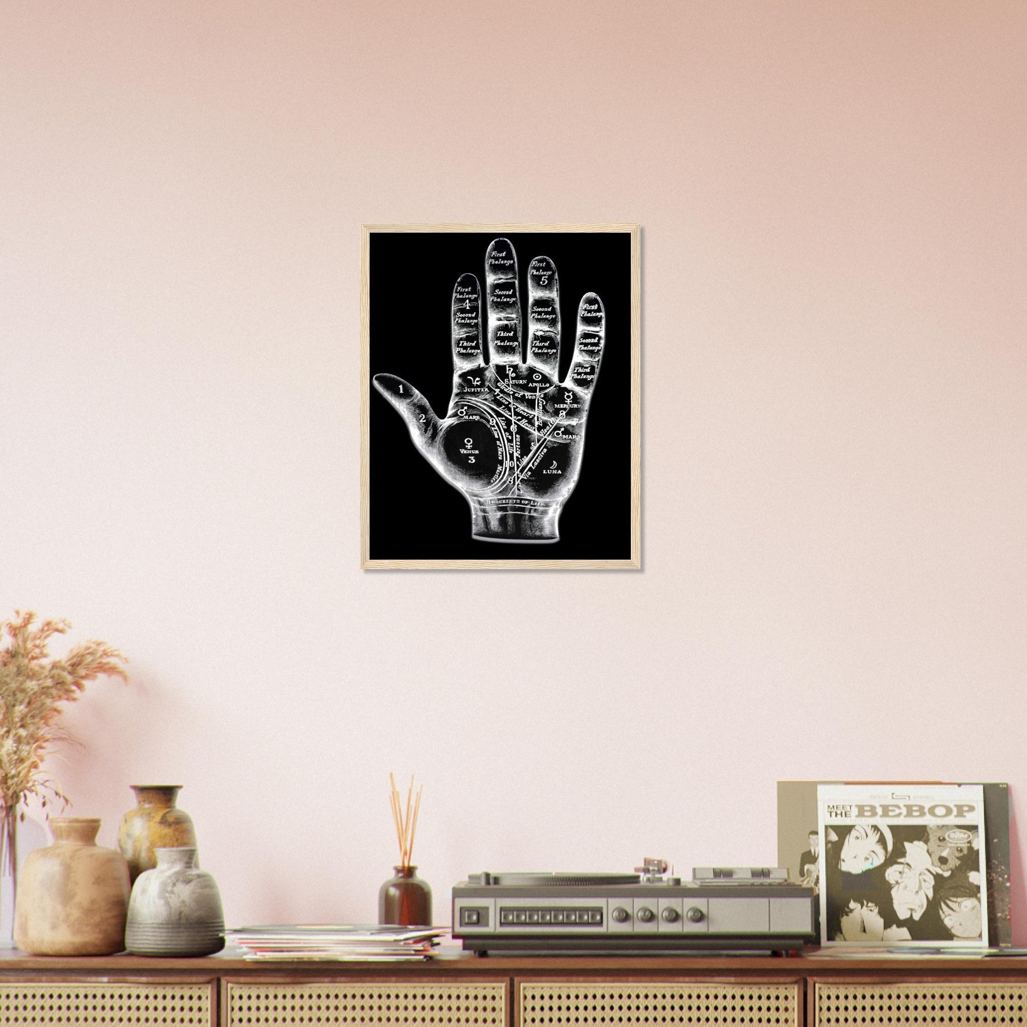 Palmistry Framed, Palmistry Hand Framed Print Spooky White On Black Life Line, Fate Line, Marriage Line - WallArtPrints4U