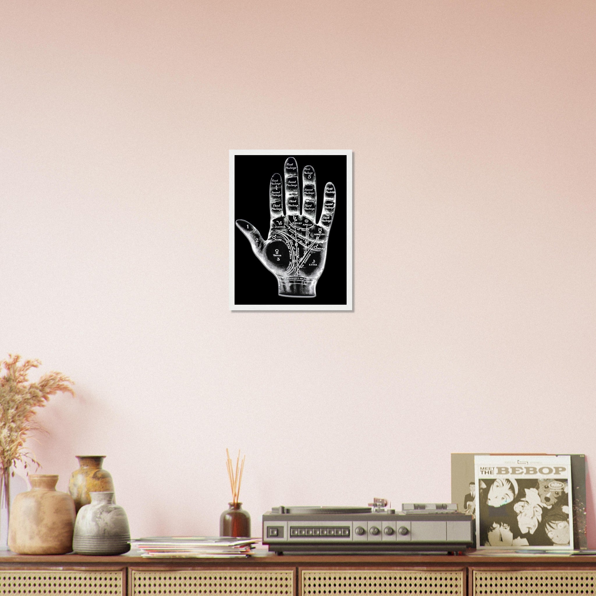 Palmistry Framed, Palmistry Hand Framed Print Spooky White On Black Life Line, Fate Line, Marriage Line - WallArtPrints4U