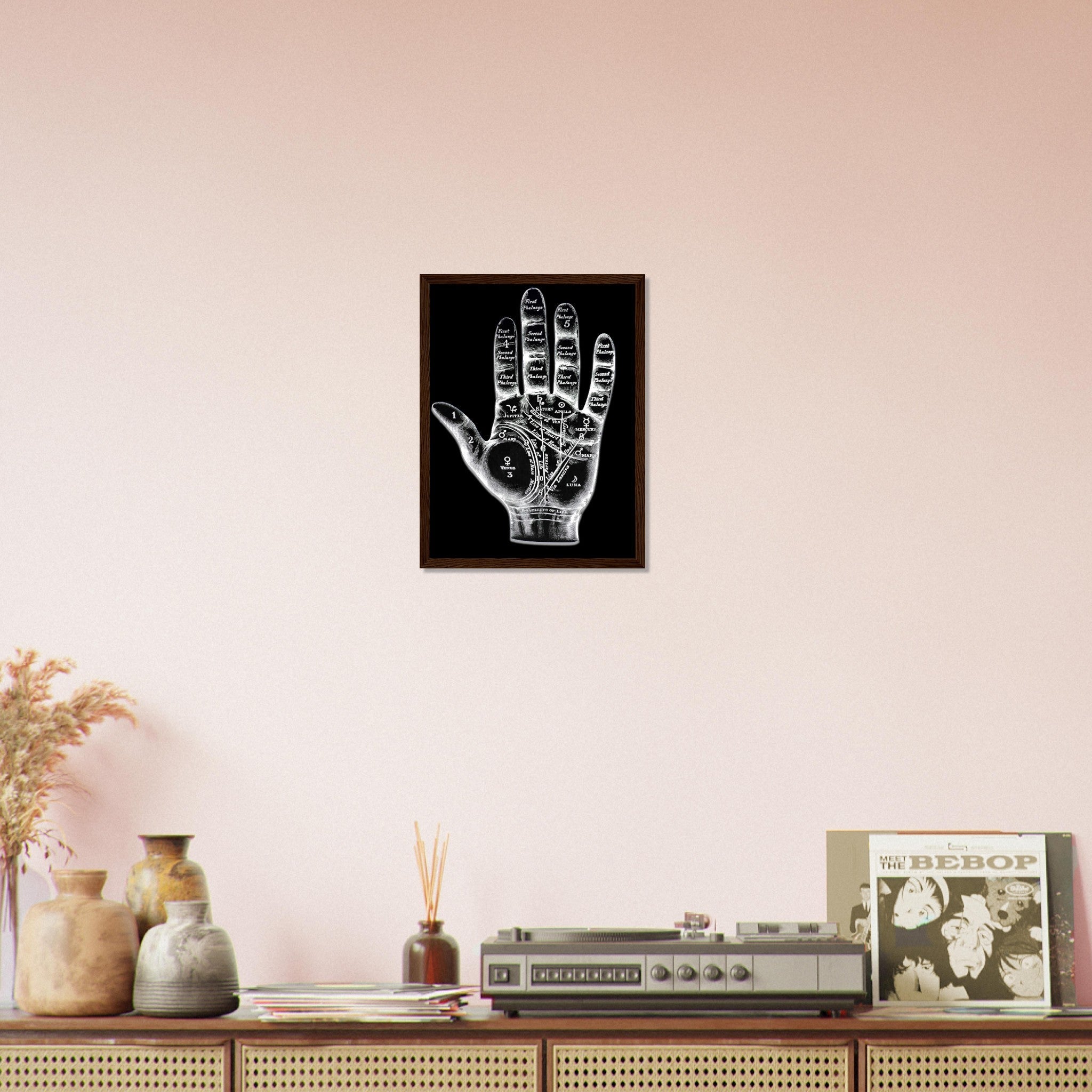 Palmistry Framed, Palmistry Hand Framed Print Spooky White On Black Life Line, Fate Line, Marriage Line - WallArtPrints4U