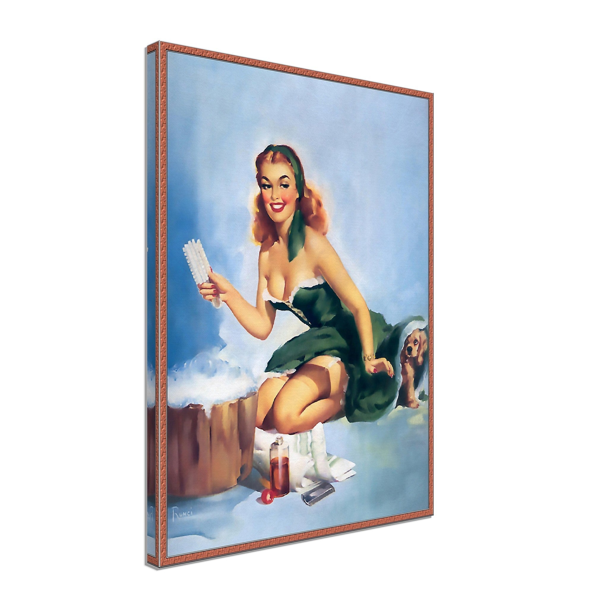 Pin Up Canvas, Pin Up Girl Green Dress Puppy, Edward Runci - Vintage Art - Retro Pin Up Girl Canvas Print - Late 1940'S - 1950'S - WallArtPrints4U