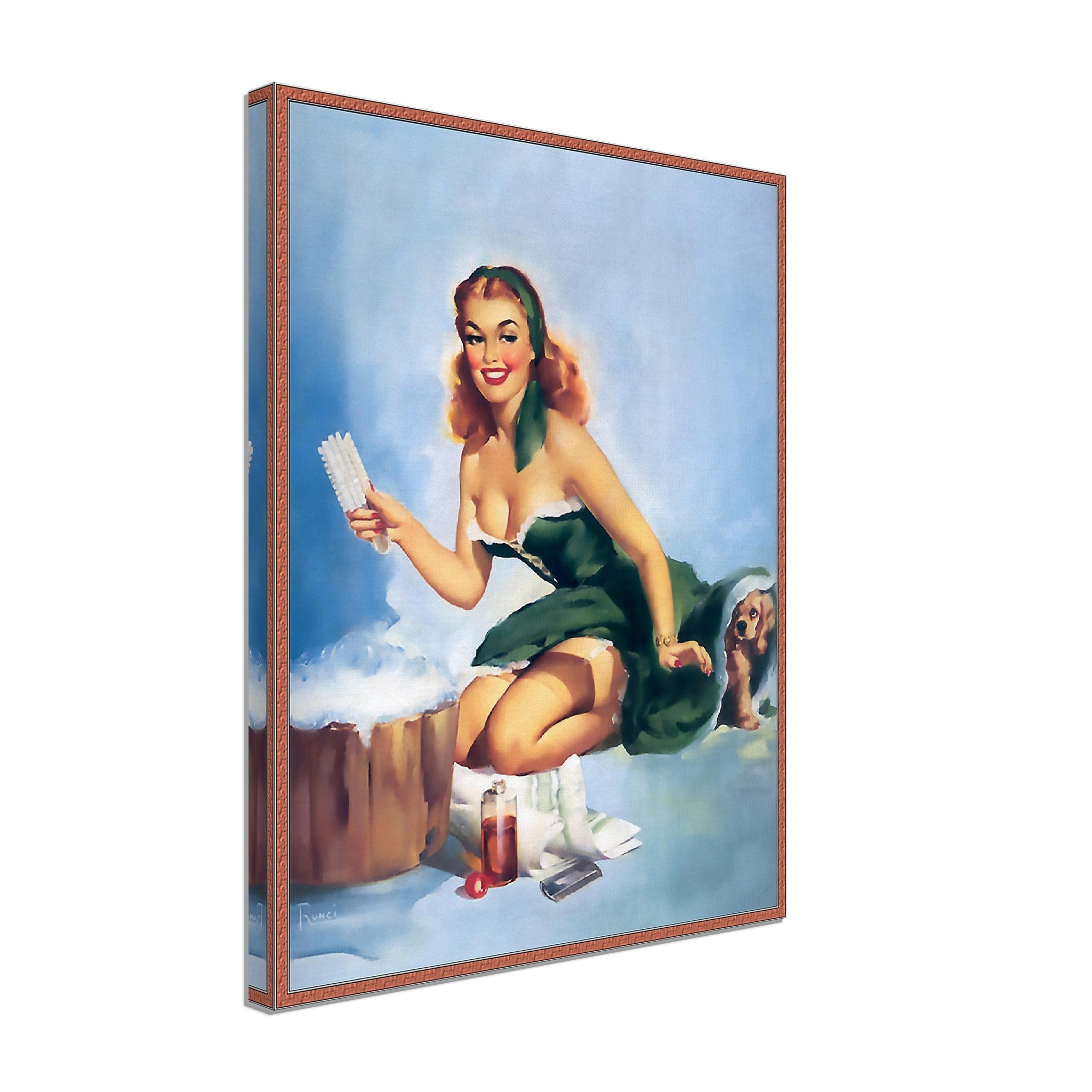 Pin Up Canvas, Pin Up Girl Green Dress Puppy, Edward Runci - Vintage Art - Retro Pin Up Girl Canvas Print - Late 1940'S - 1950'S - WallArtPrints4U
