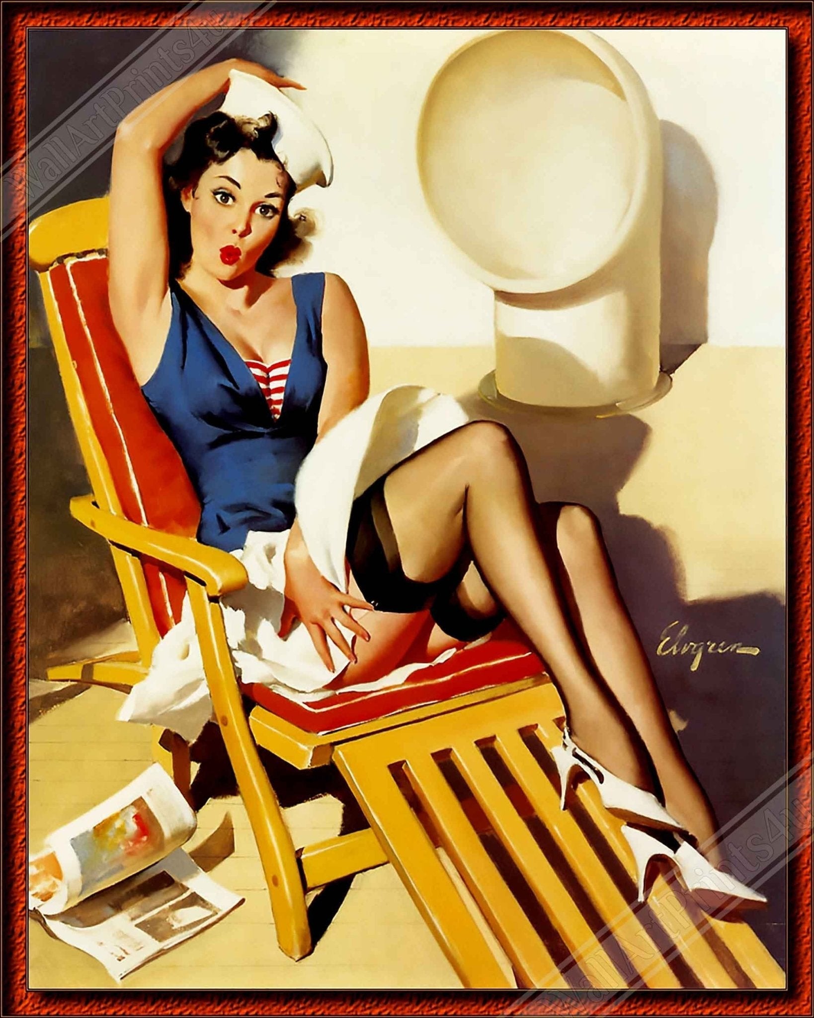 Pin Up Framed, Gil Elvgren, Deck Chair Pin Up - Vintage Art - Retro Pin Up Girl Framed Print - Late 1940'S - 1950'S - WallArtPrints4U