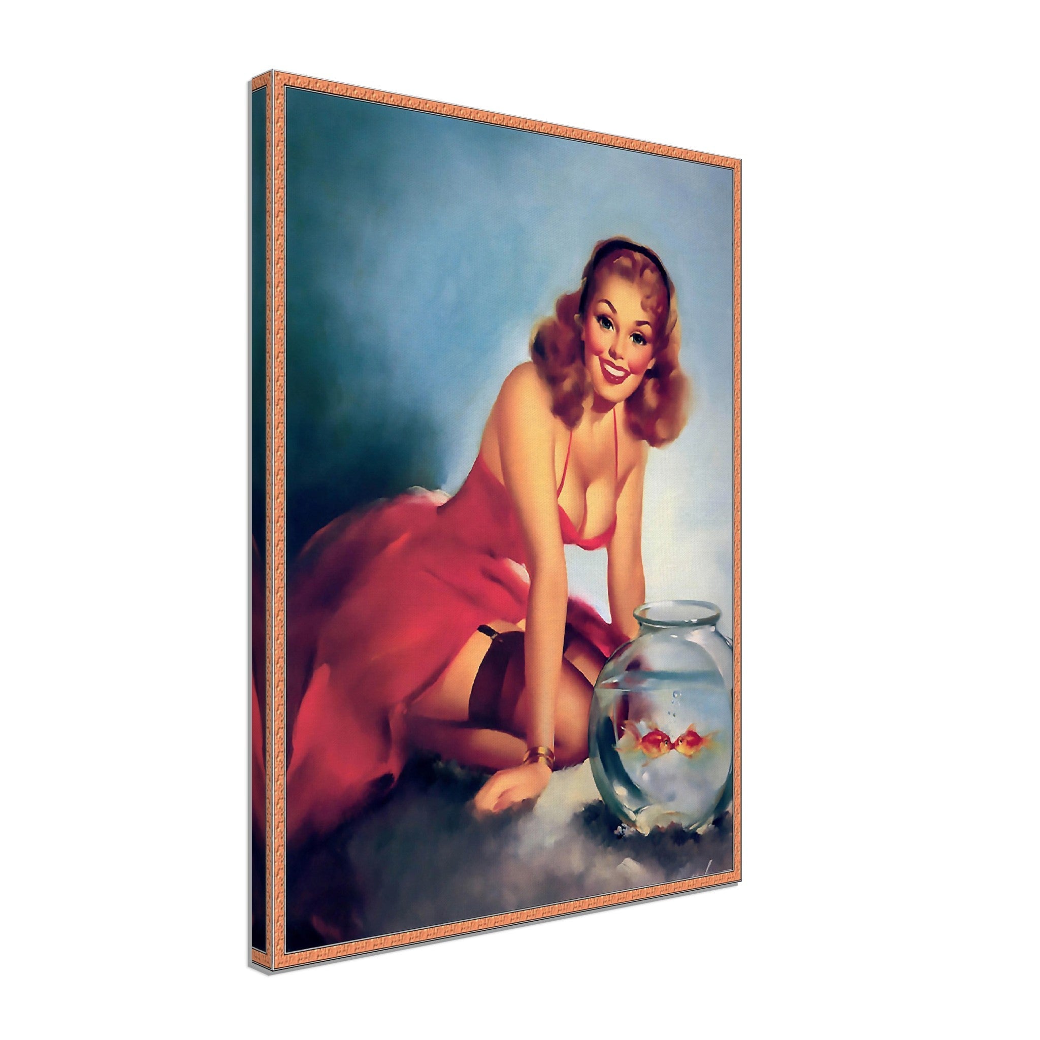 Pin Up Girl Canvas, Red Dress Goldfish, Edward Runci - Vintage Art - Retro Pin Up Girl Canvas Print - Late 1940'S - 1950'S - WallArtPrints4U