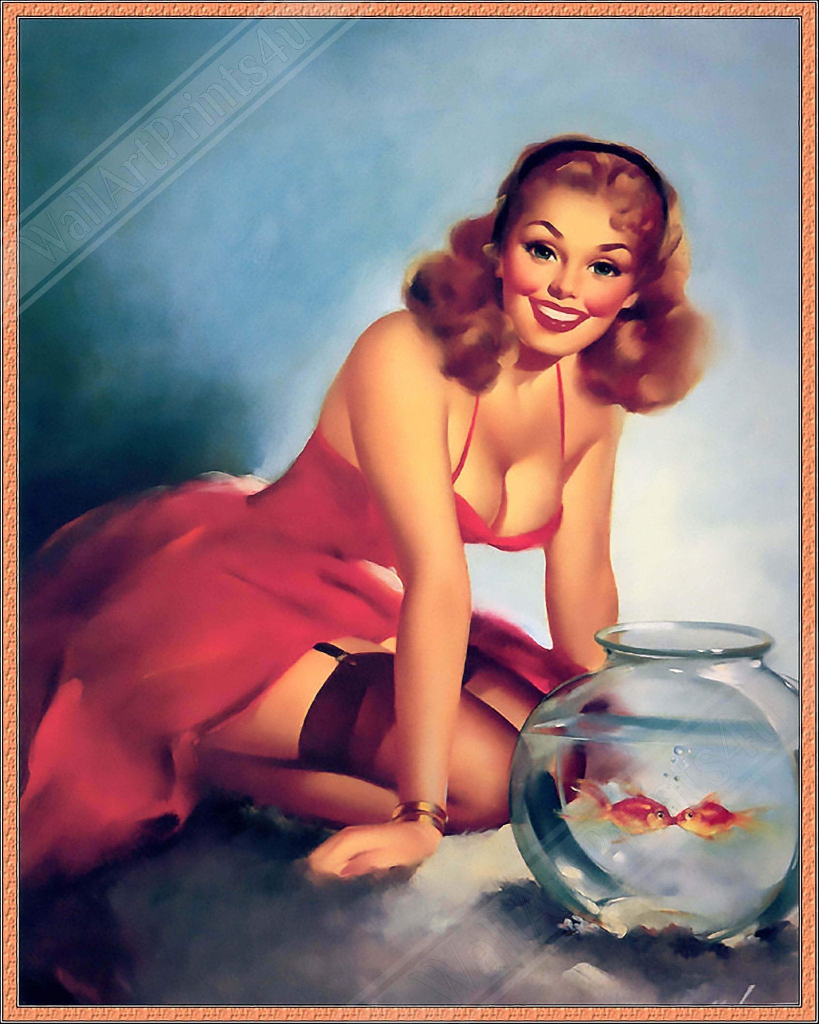 Pin Up Girl Framed, Red Dress Goldfish, Edward Runci - Vintage Art - Retro Pin Up Girl Framed Print - Late 1940'S - 1950'S - WallArtPrints4U