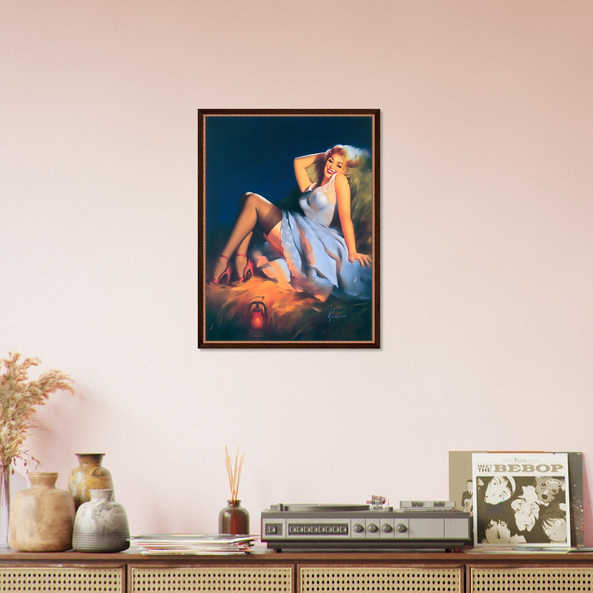 Pin Up Girl Framed, Red Stilettos Light Blue Dress - Edward Runci Vintage Art - Retro Pin Up Girl Framed Print - Late 1940'S - 1950'S - WallArtPrints4U