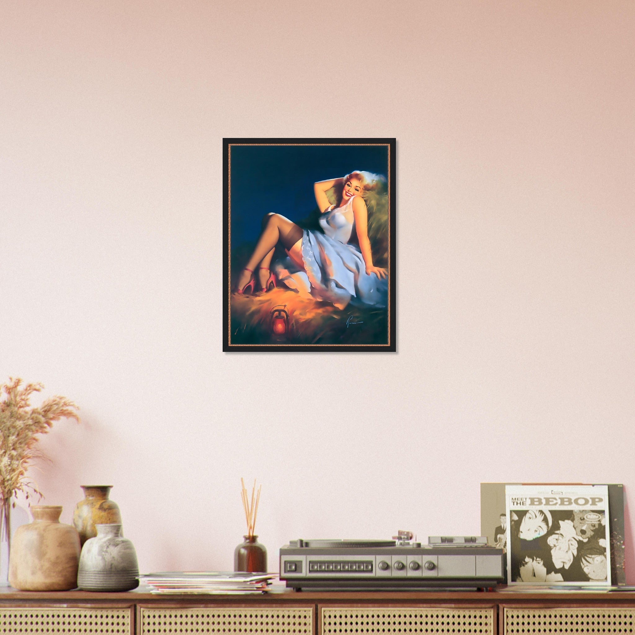 Pin Up Girl Framed, Red Stilettos Light Blue Dress - Edward Runci Vintage Art - Retro Pin Up Girl Framed Print - Late 1940'S - 1950'S - WallArtPrints4U
