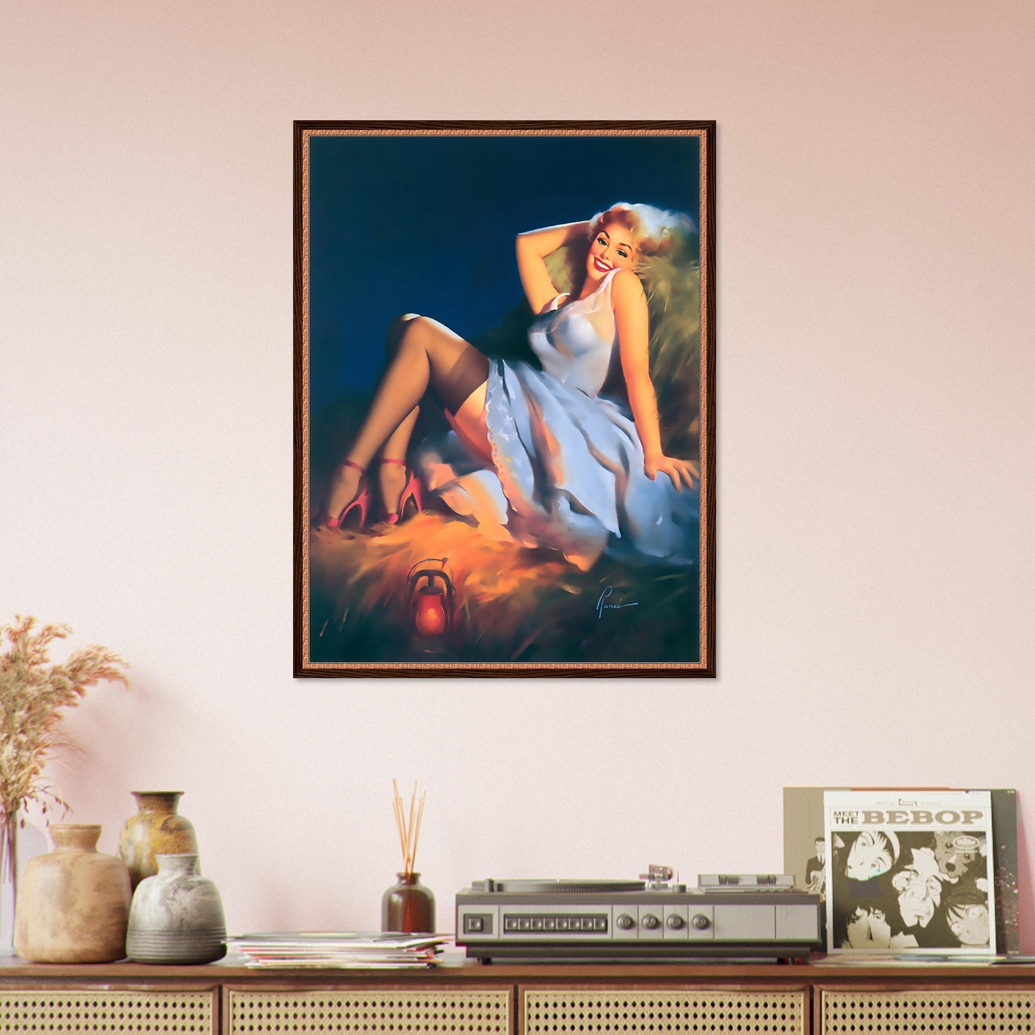 Pin Up Girl Framed, Red Stilettos Light Blue Dress - Edward Runci Vintage Art - Retro Pin Up Girl Framed Print - Late 1940'S - 1950'S - WallArtPrints4U