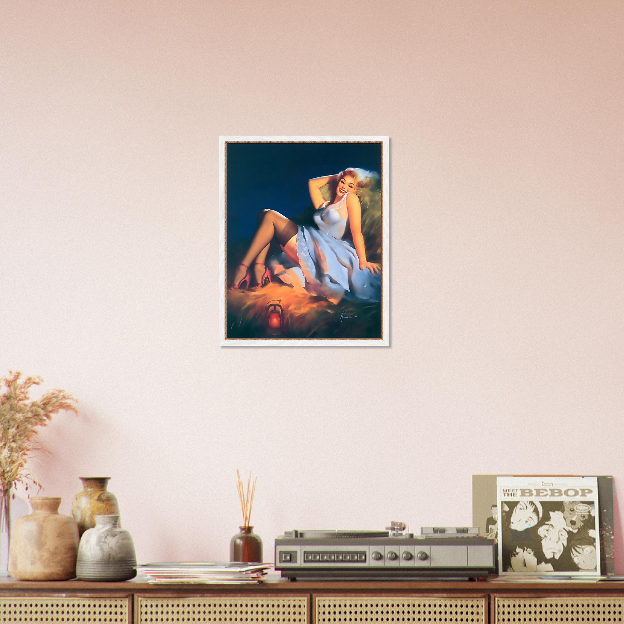 Pin Up Girl Framed, Red Stilettos Light Blue Dress - Edward Runci Vintage Art - Retro Pin Up Girl Framed Print - Late 1940'S - 1950'S - WallArtPrints4U