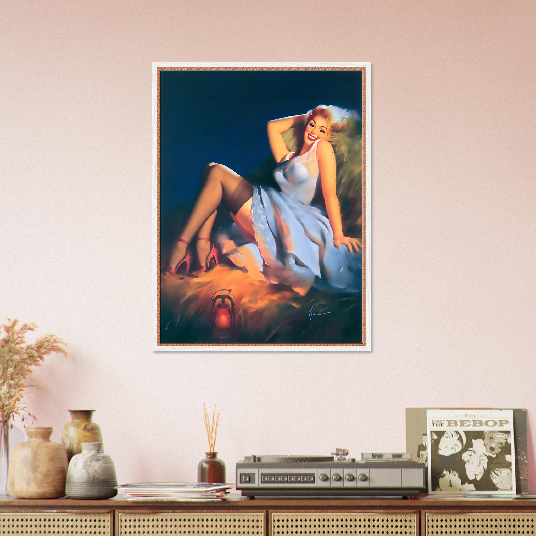 Pin Up Girl Framed, Red Stilettos Light Blue Dress - Edward Runci Vintage Art - Retro Pin Up Girl Framed Print - Late 1940'S - 1950'S - WallArtPrints4U