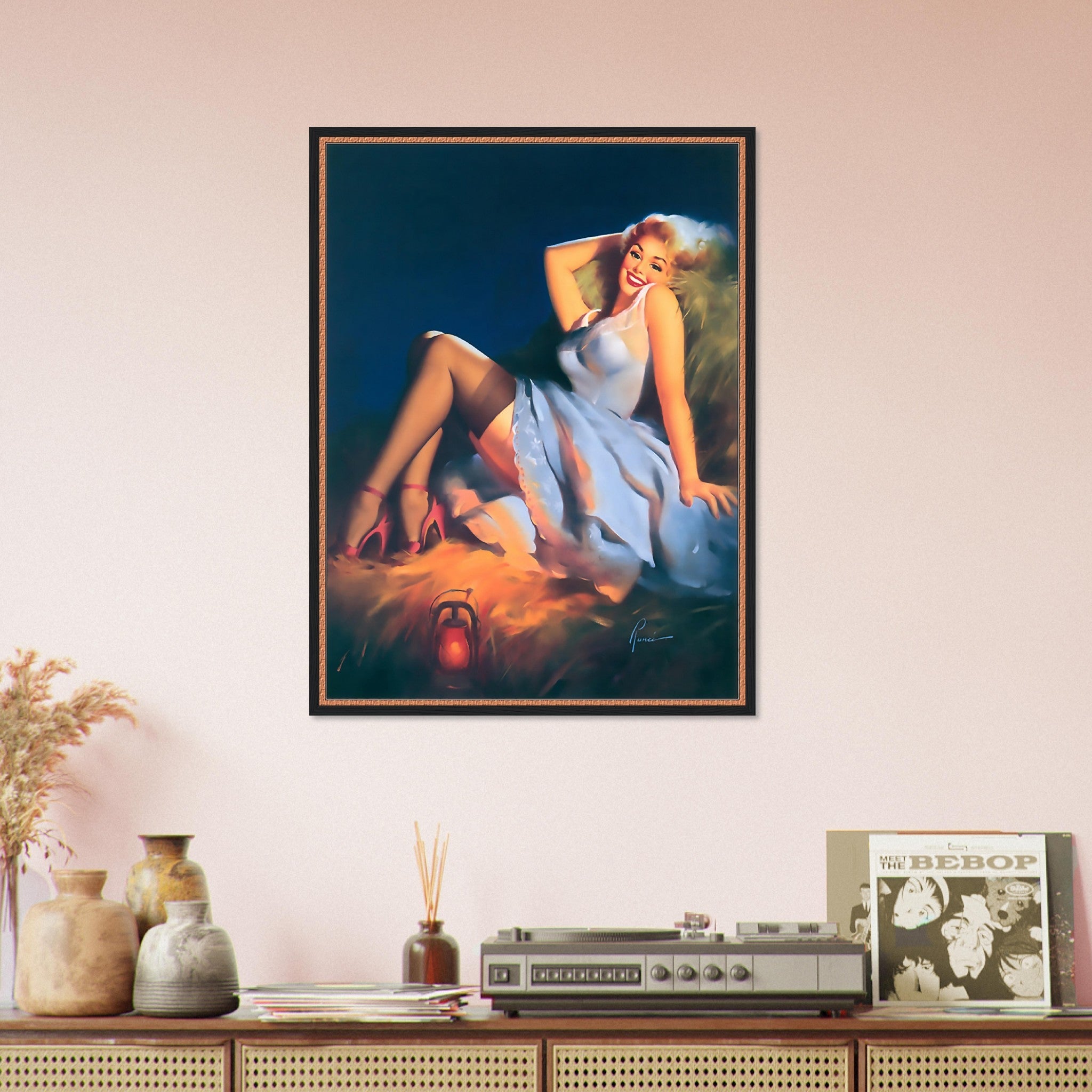 Pin Up Girl Framed, Red Stilettos Light Blue Dress - Edward Runci Vintage Art - Retro Pin Up Girl Framed Print - Late 1940'S - 1950'S - WallArtPrints4U