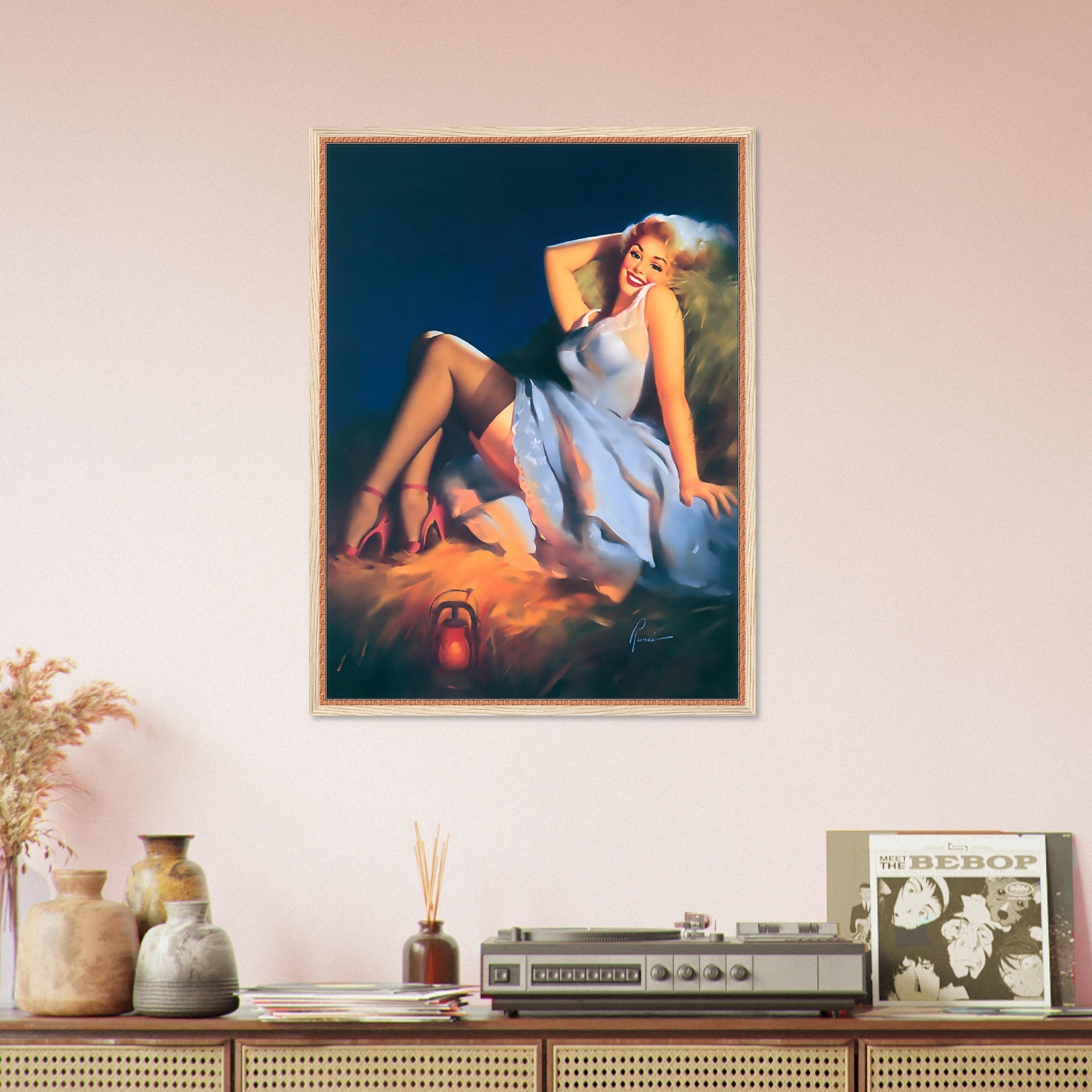 Pin Up Girl Framed, Red Stilettos Light Blue Dress - Edward Runci Vintage Art - Retro Pin Up Girl Framed Print - Late 1940'S - 1950'S - WallArtPrints4U