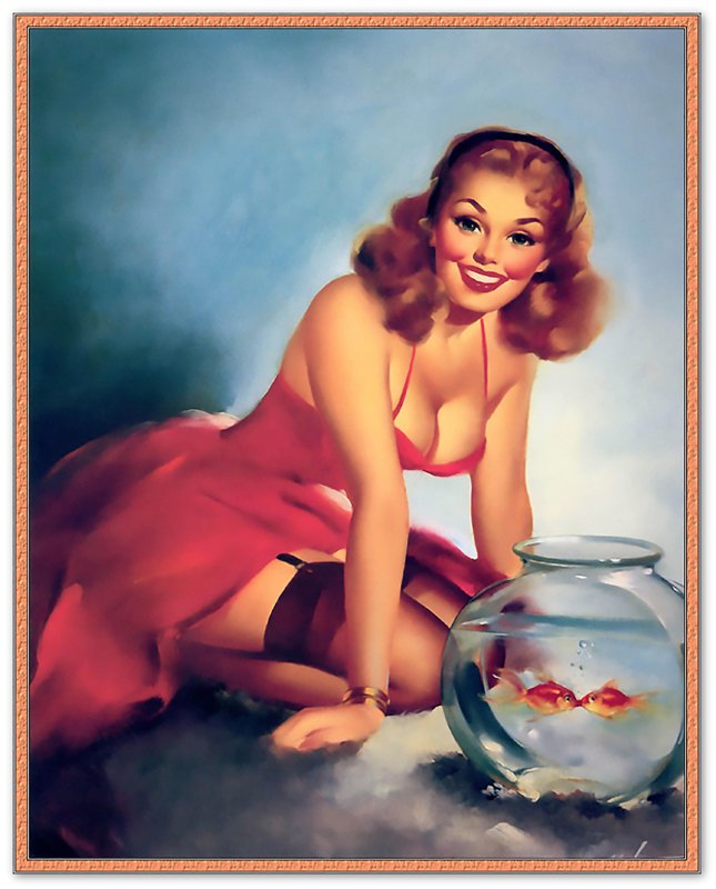Pin Up Girl Poster, Red Dress Goldfish, Edward Runci - Vintage Art