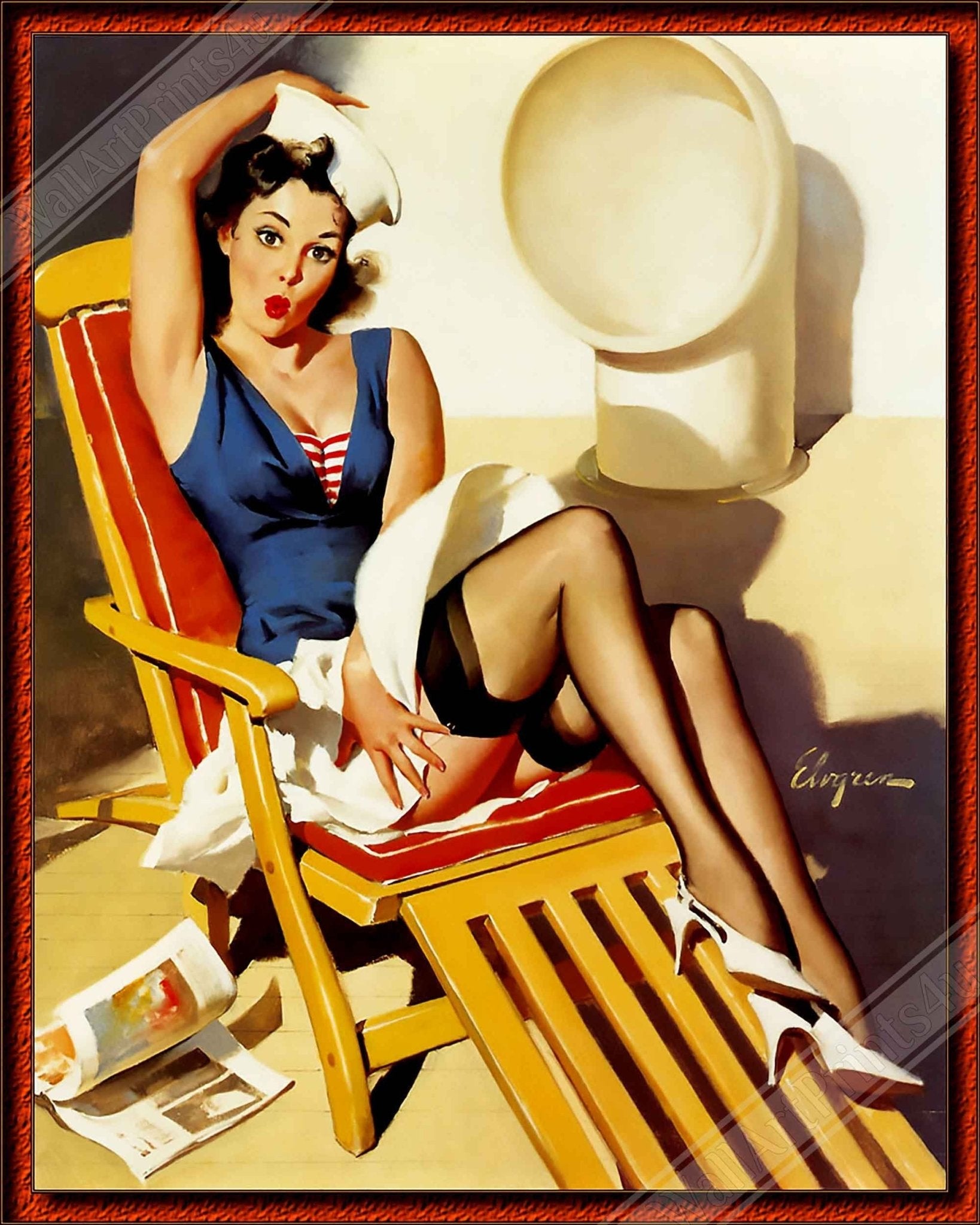 Pin Up Poster, Gil Elvgren, Deck Chair Pin Up - Vintage Art - Retro Pin Up Girl Print - Late 1940'S - 1950'S - WallArtPrints4U