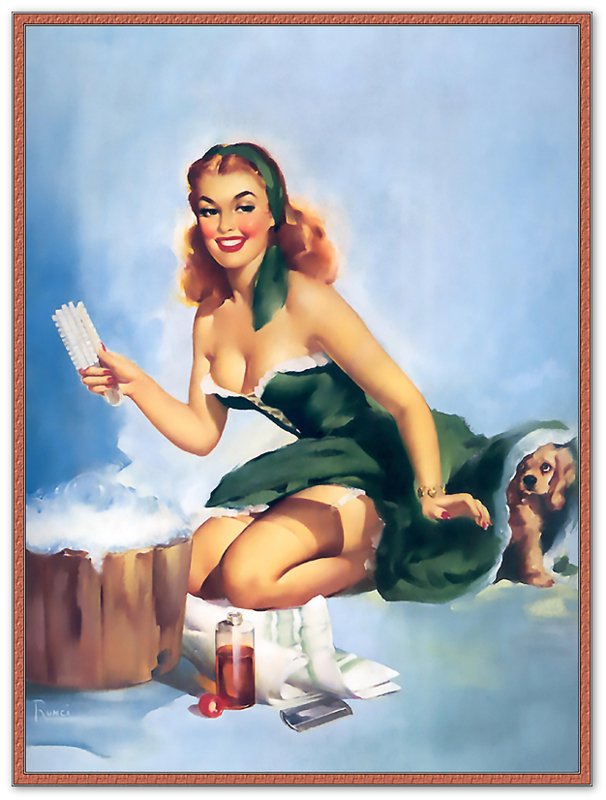 Pin Up Poster, Pin Up Girl Green Dress Puppy, Edward Runci - Vintage Art - Retro Pin Up Girl Print - Late 1940'S - 1950'S - WallArtPrints4U