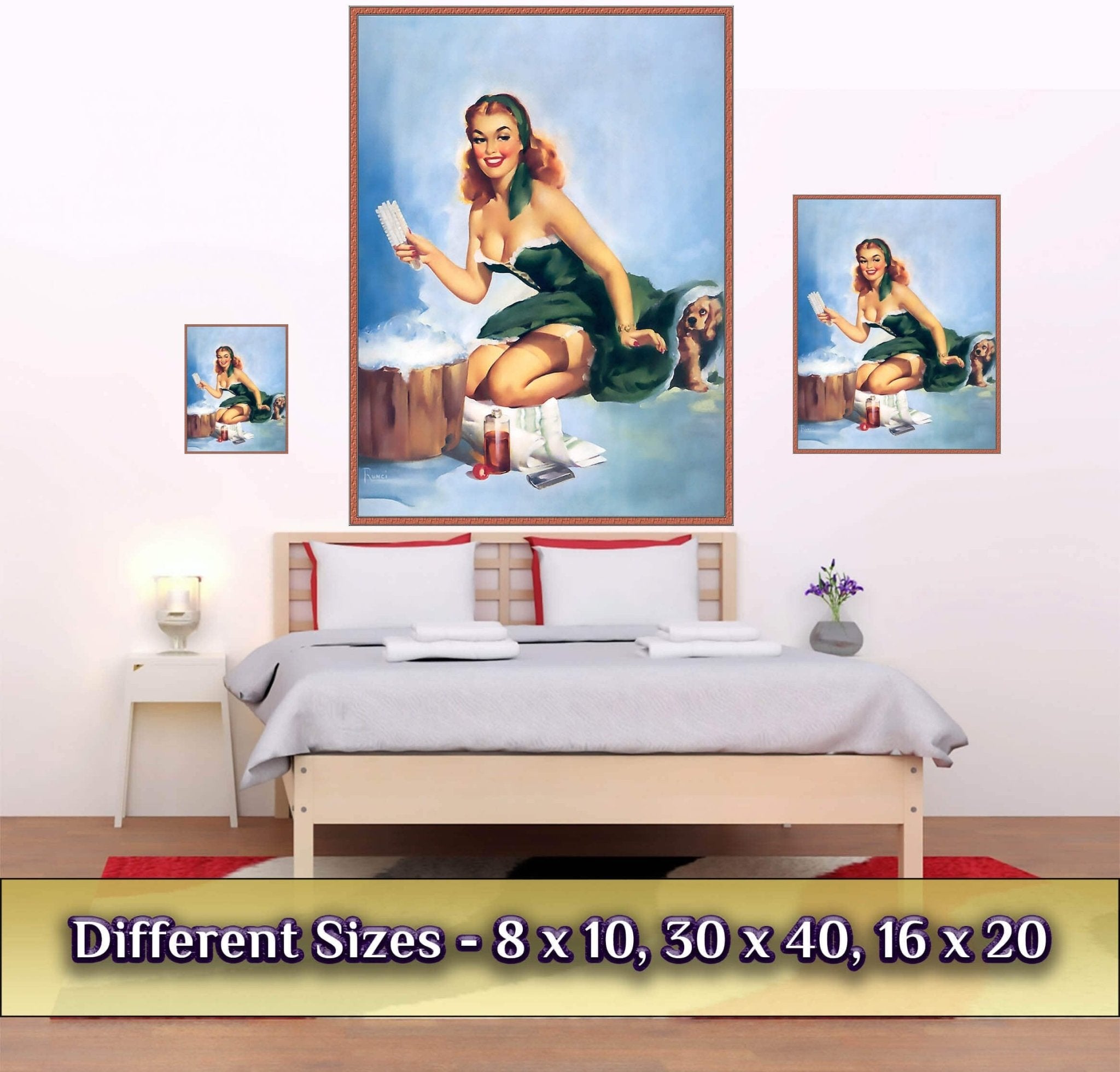 Pin Up Poster, Pin Up Girl Green Dress Puppy, Edward Runci - Vintage Art - Retro Pin Up Girl Print - Late 1940'S - 1950'S - WallArtPrints4U