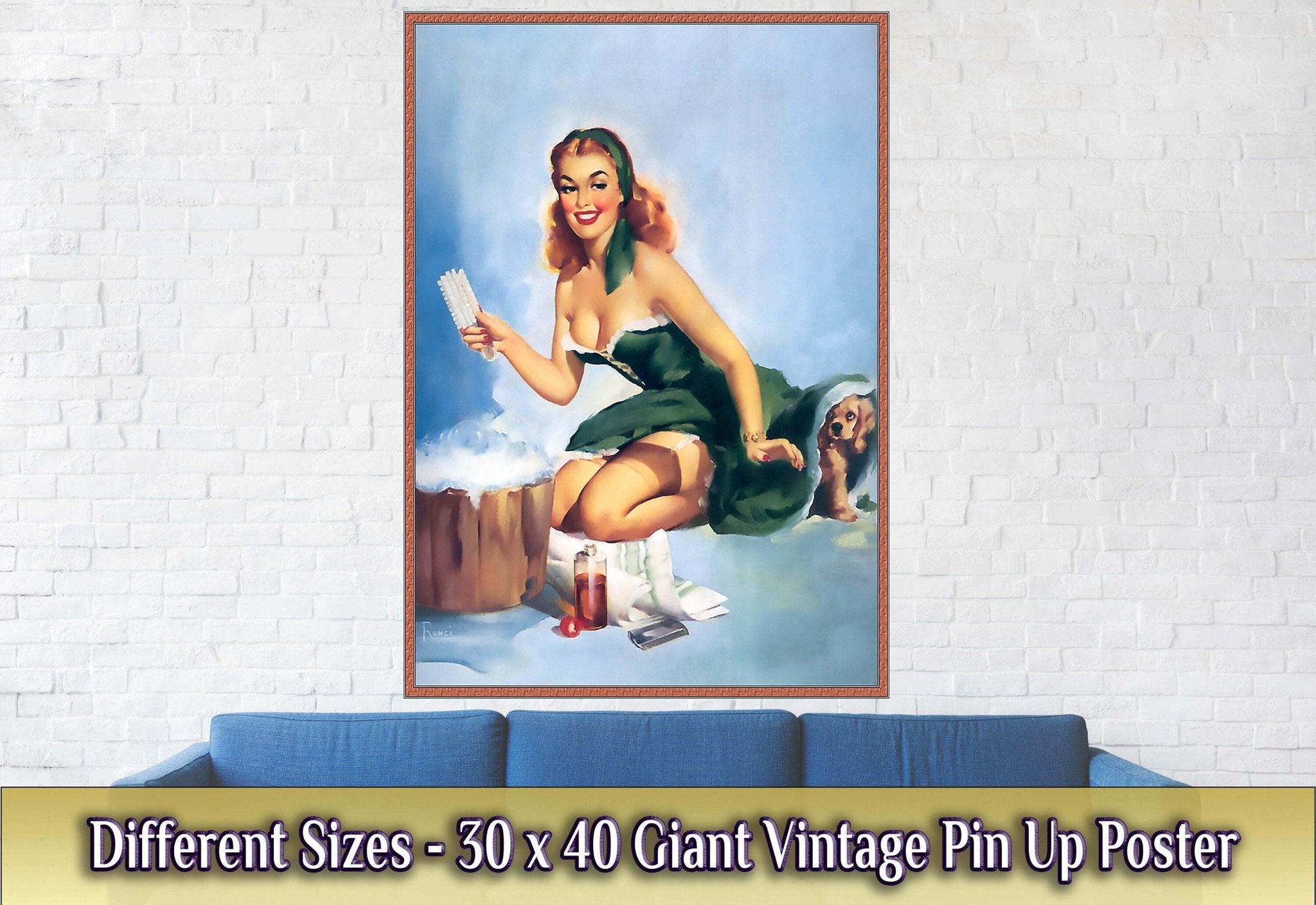 Pin Up Poster, Pin Up Girl Green Dress Puppy, Edward Runci - Vintage Art - Retro Pin Up Girl Print - Late 1940'S - 1950'S - WallArtPrints4U