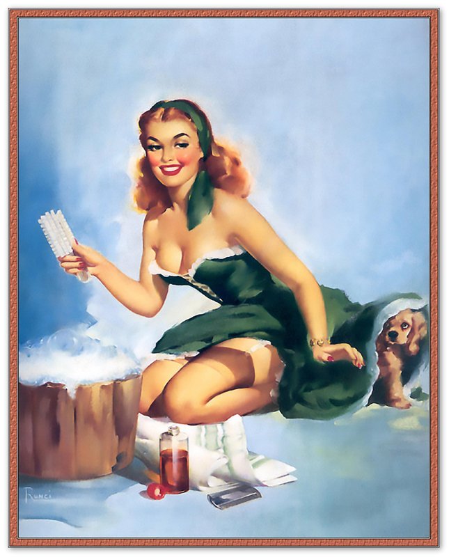Pin Up Poster, Pin Up Girl Green Dress Puppy, Edward Runci - Vintage Art - Retro Pin Up Girl Print - Late 1940'S - 1950'S - WallArtPrints4U