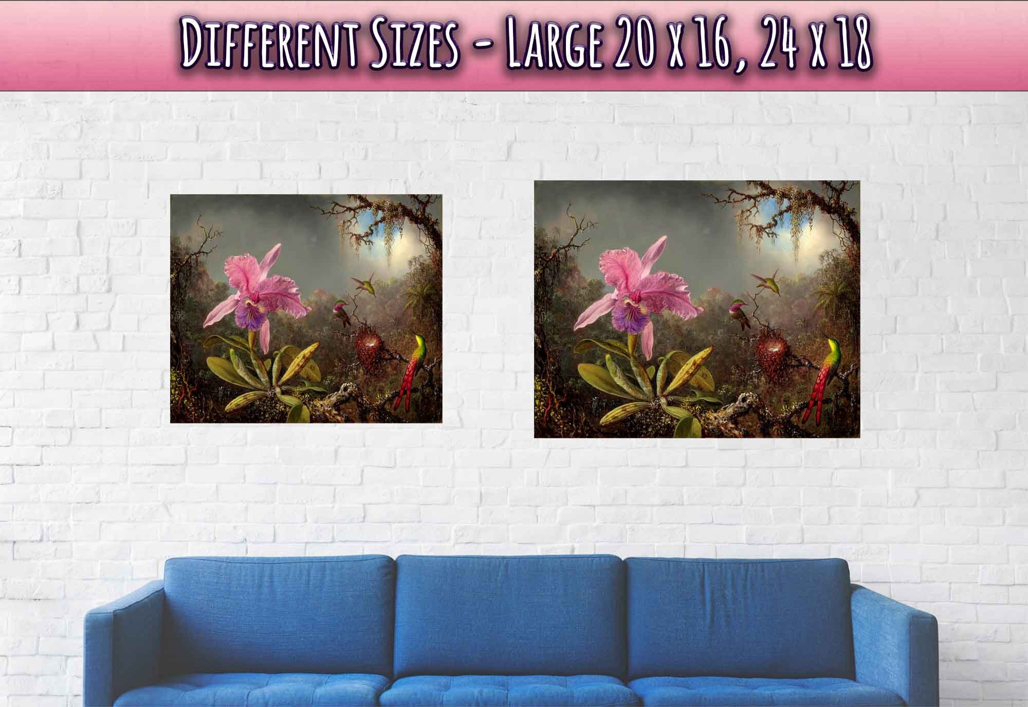 Pink Orchid Poster - Cattleya Orchid With Three Hummimgbirds - Vintage Orchid Art Print - WallArtPrints4U