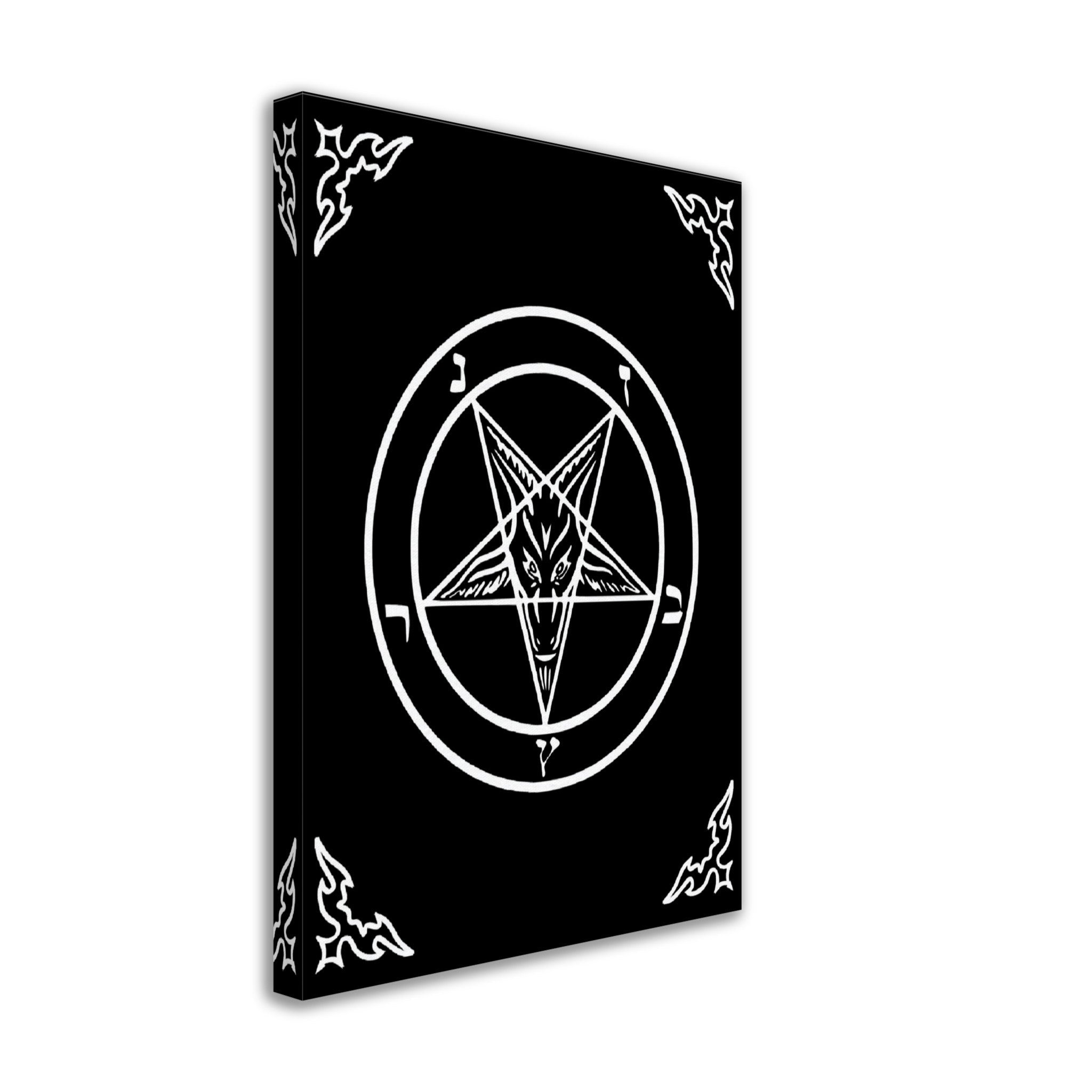 Satanic Goat Canvas White On Black - Sigil Of Baphomet Canvas - Satanic Goat Pentagram Canvas Print White Black - WallArtPrints4U