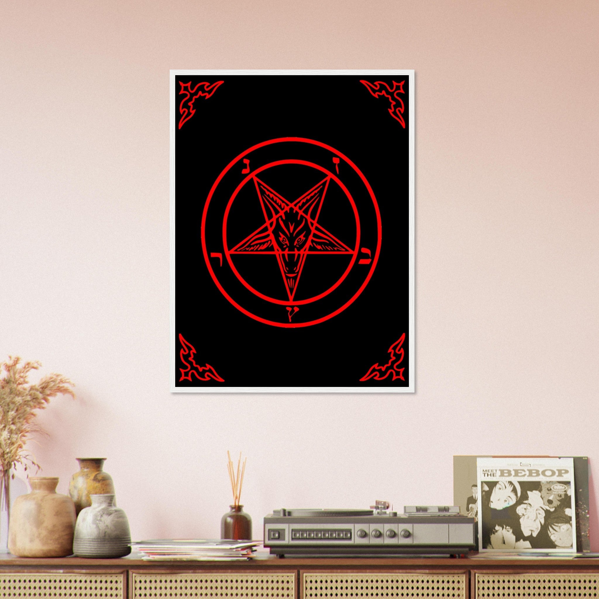 Satanic Goat Framed Red On Black - Sigil Of Baphomet Framed - Satanic Goat Pentagram Framed Print Red Black UK, EU, USA, AUS Domestic Shipping - WallArtPrints4U