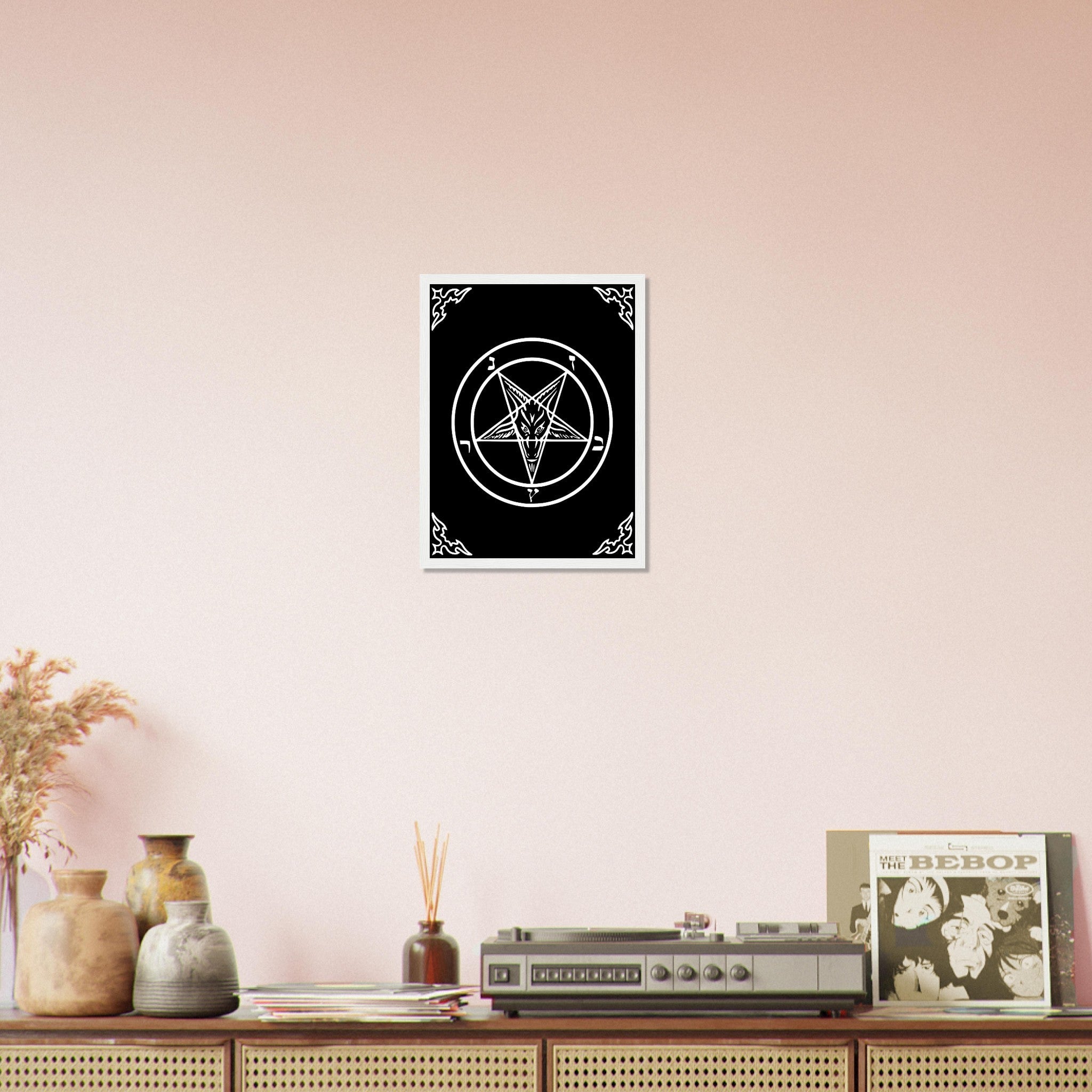 Satanic Goat Framed White On Black - Sigil Of Baphomet Framed - Satanic Goat Pentagram Framed Print White Black UK, EU, USA, AUS Domestic Shipping - WallArtPrints4U
