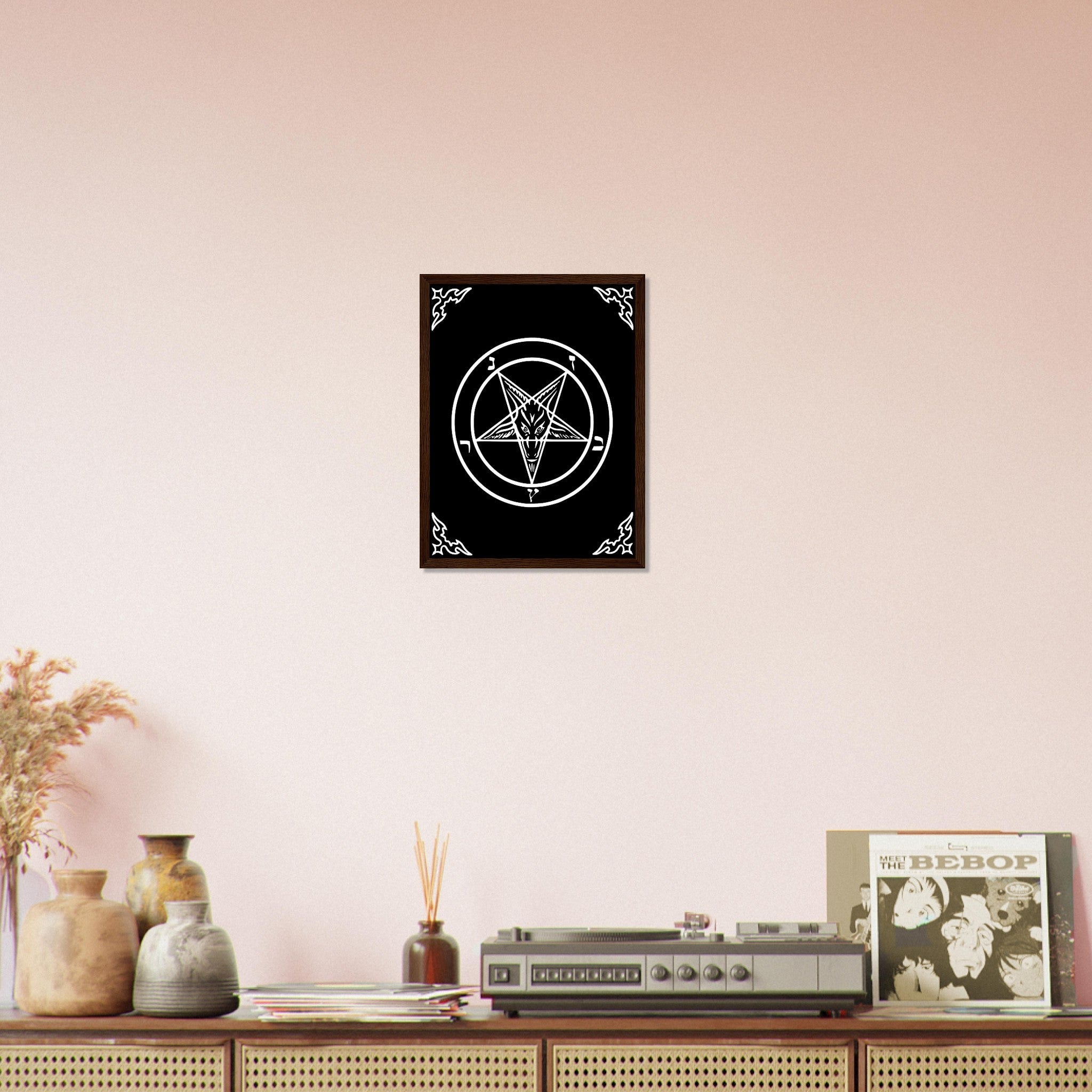 Satanic Goat Framed White On Black - Sigil Of Baphomet Framed - Satanic Goat Pentagram Framed Print White Black UK, EU, USA, AUS Domestic Shipping - WallArtPrints4U