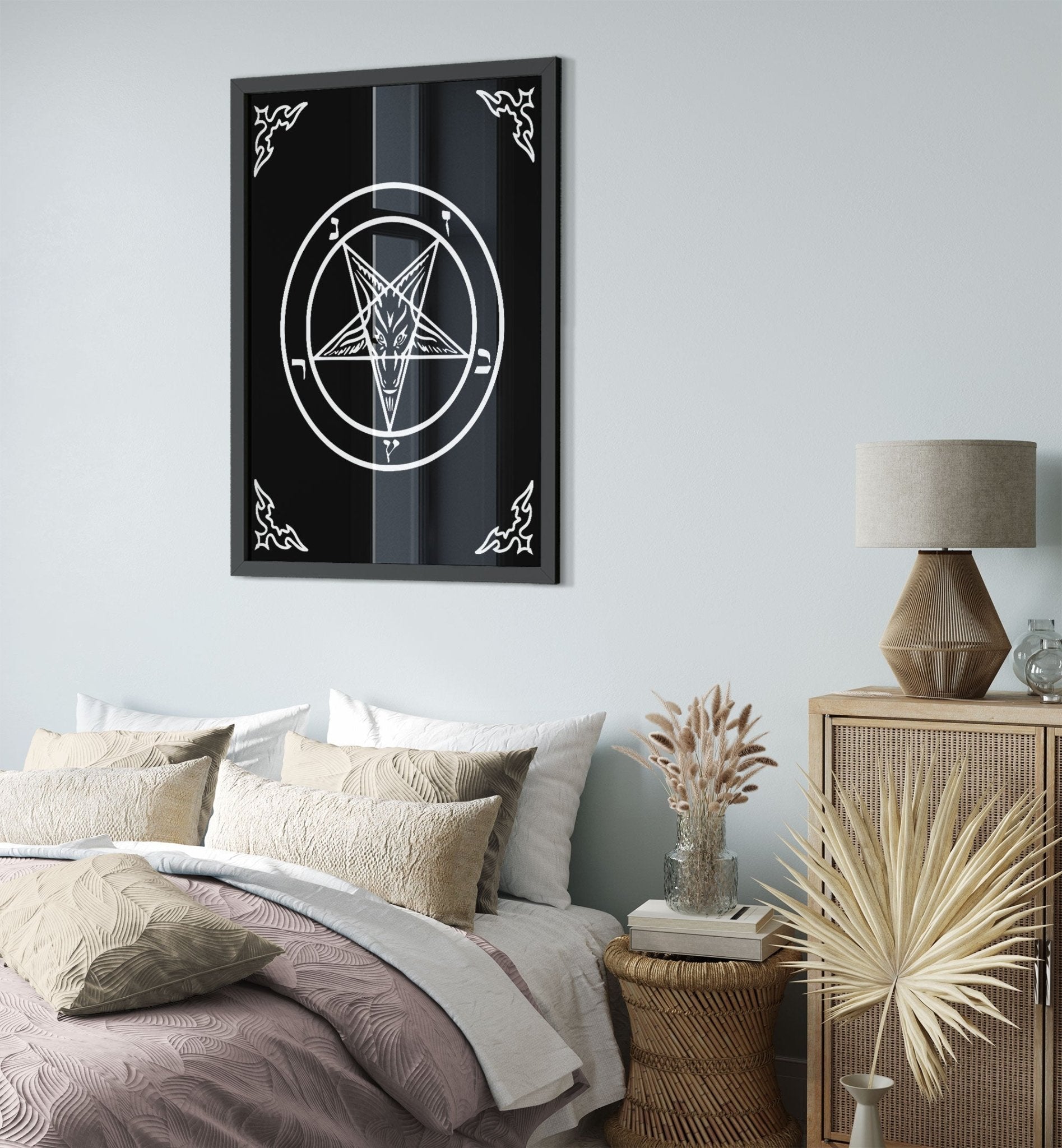 Satanic Goat Framed White On Black - Sigil Of Baphomet Framed - Satanic Goat Pentagram Framed Print White Black UK, EU, USA, AUS Domestic Shipping - WallArtPrints4U