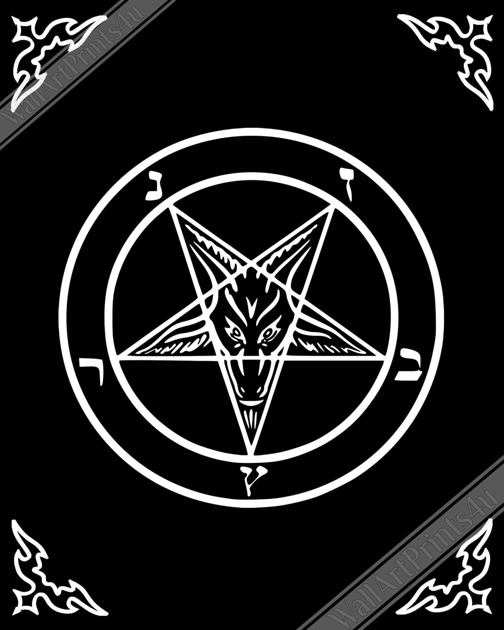 Satanic Goat Framed White On Black - Sigil Of Baphomet Framed - Satanic Goat Pentagram Framed Print White Black UK, EU, USA, AUS Domestic Shipping - WallArtPrints4U