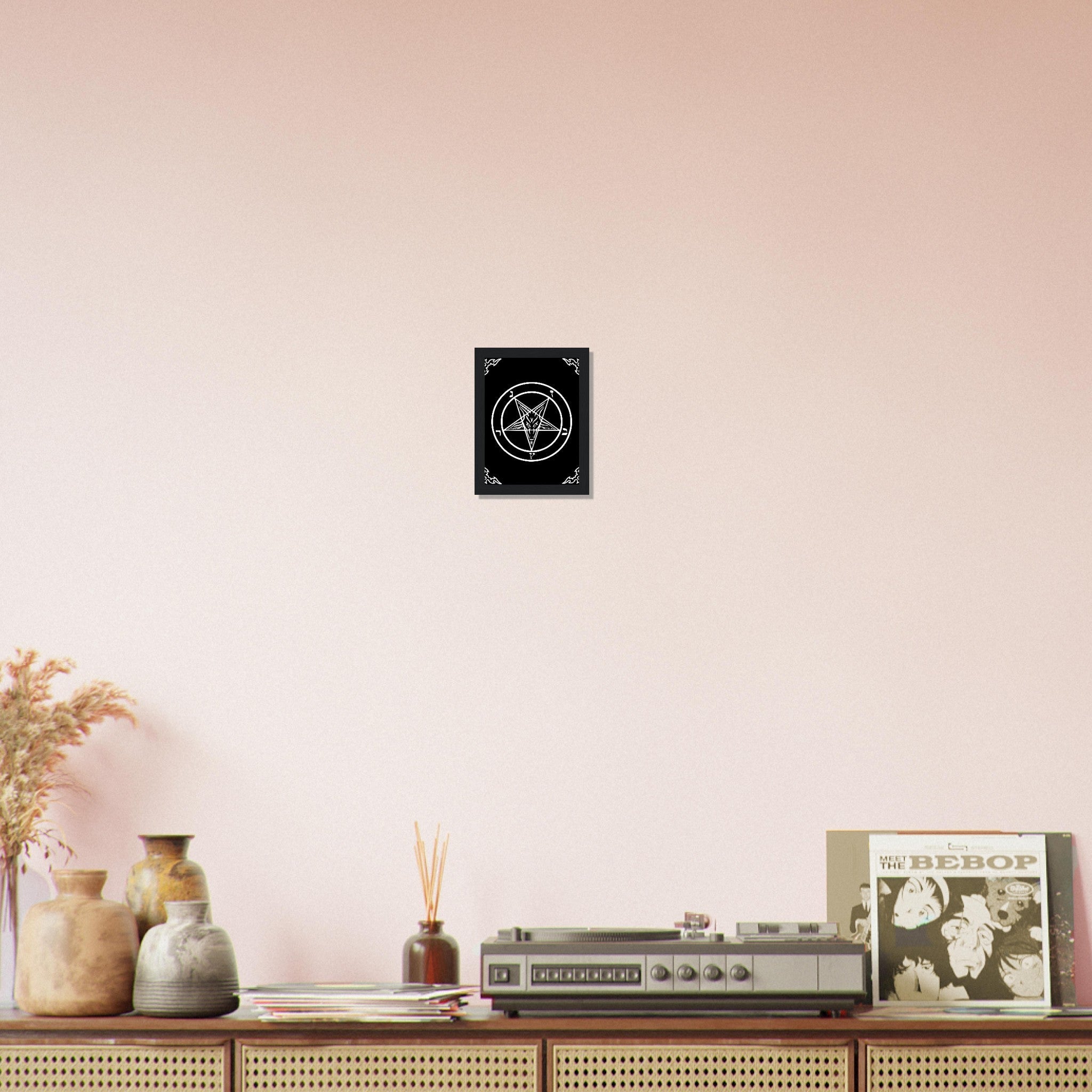Satanic Goat Framed White On Black - Sigil Of Baphomet Framed - Satanic Goat Pentagram Framed Print White Black UK, EU, USA, AUS Domestic Shipping - WallArtPrints4U