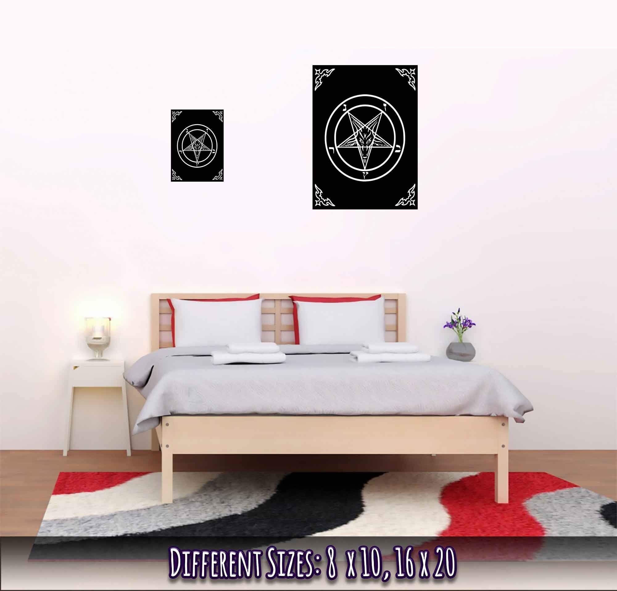 Satanic Goat Poster White On Black - Sigil Of Baphomet Poster - Satanic Goat Pentagram Print White Black - WallArtPrints4U