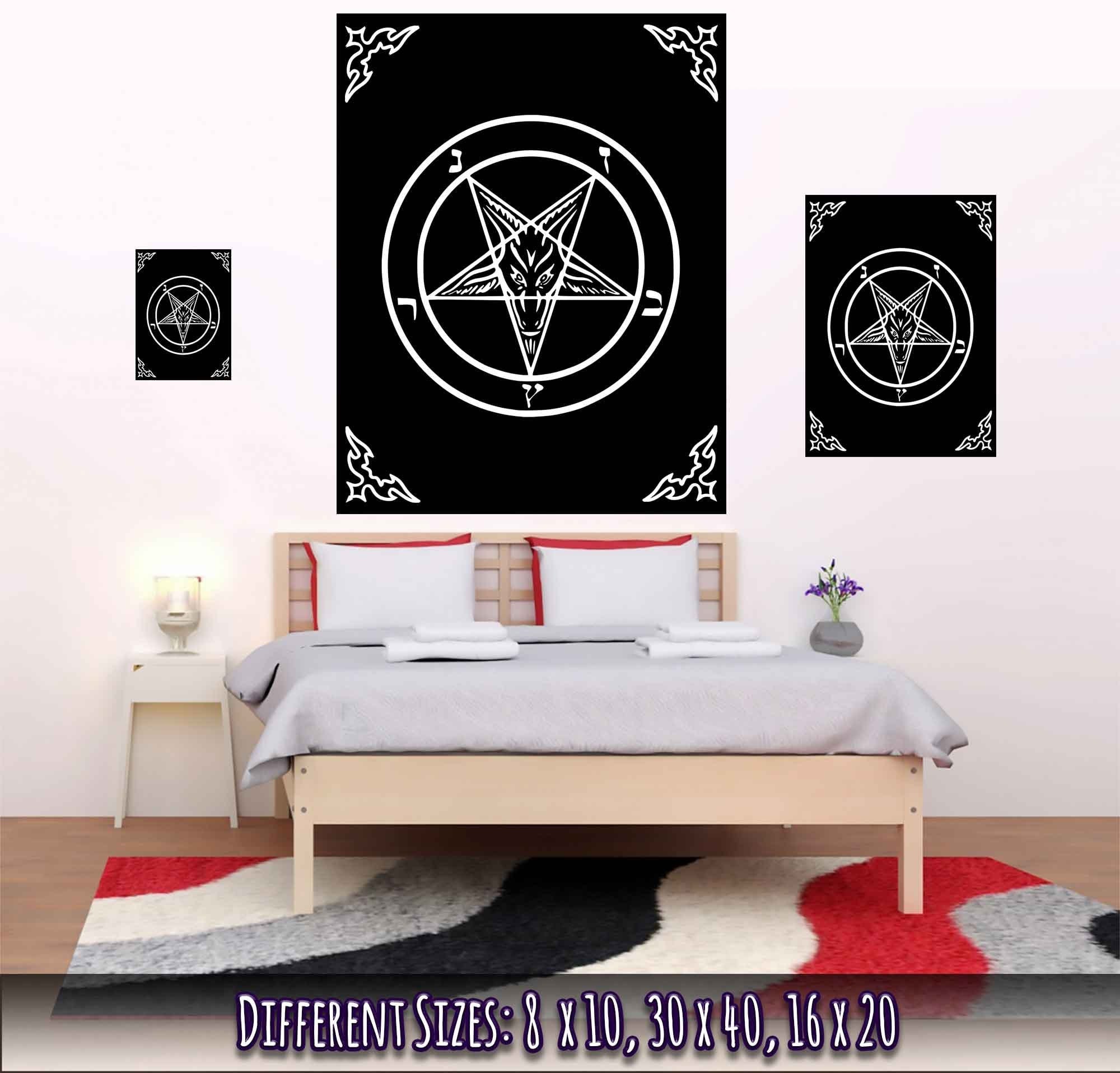 Satanic Goat Poster White On Black - Sigil Of Baphomet Poster - Satanic Goat Pentagram Print White Black - WallArtPrints4U