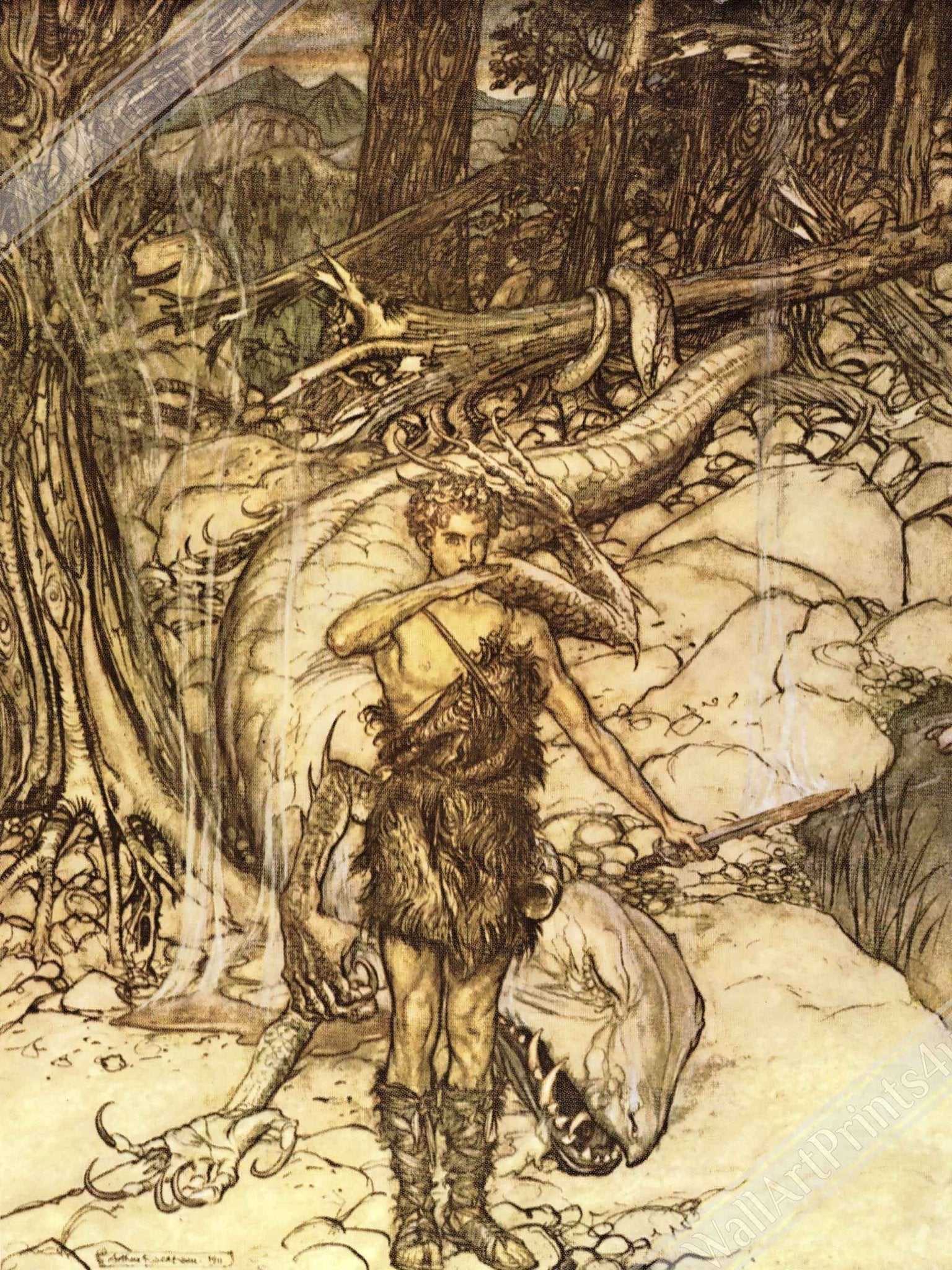 Siegfried Poster - Arthur Rackham Siegfried Slays Fafnir Dragon - Arthur Rackham Print - WallArtPrints4U