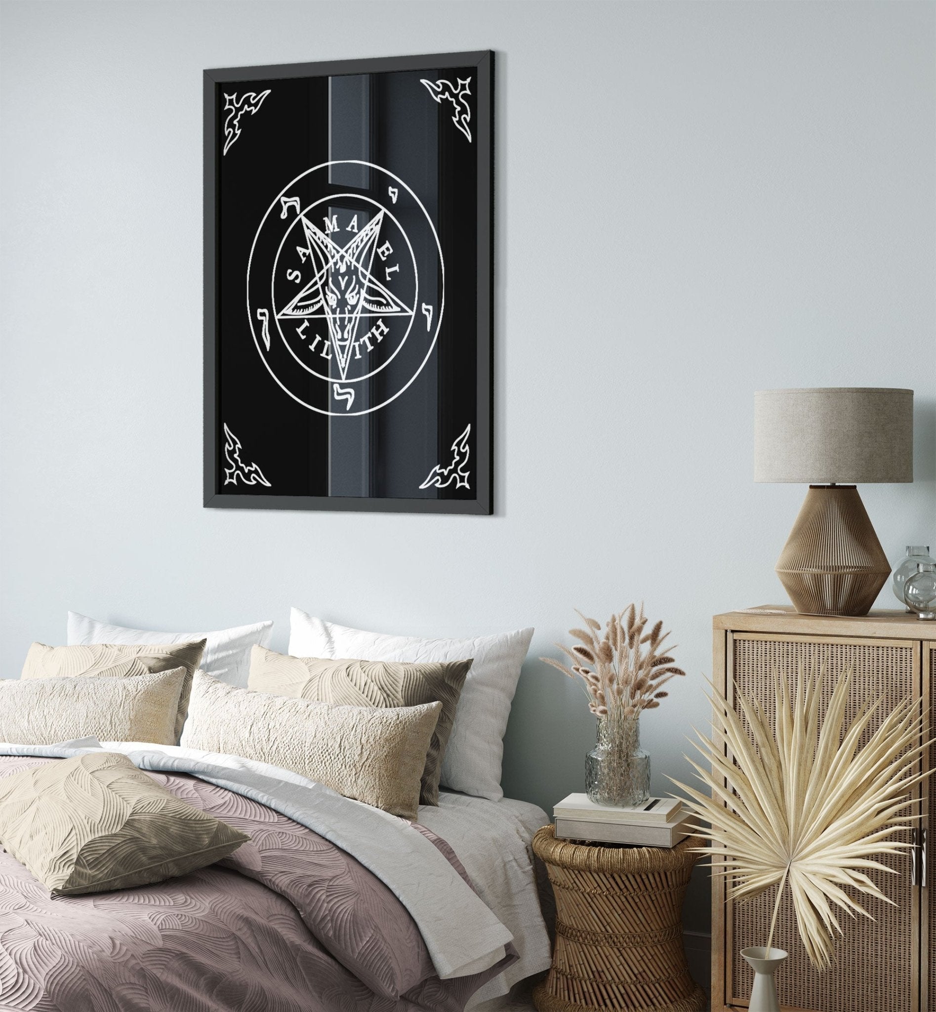 Sigil Of Baphomet Framed - Seal Of Baphomet Framed - White On Black - Samael Lilith Version Framed Print UK, EU, USA, AUS Domestic Shipping - WallArtPrints4U