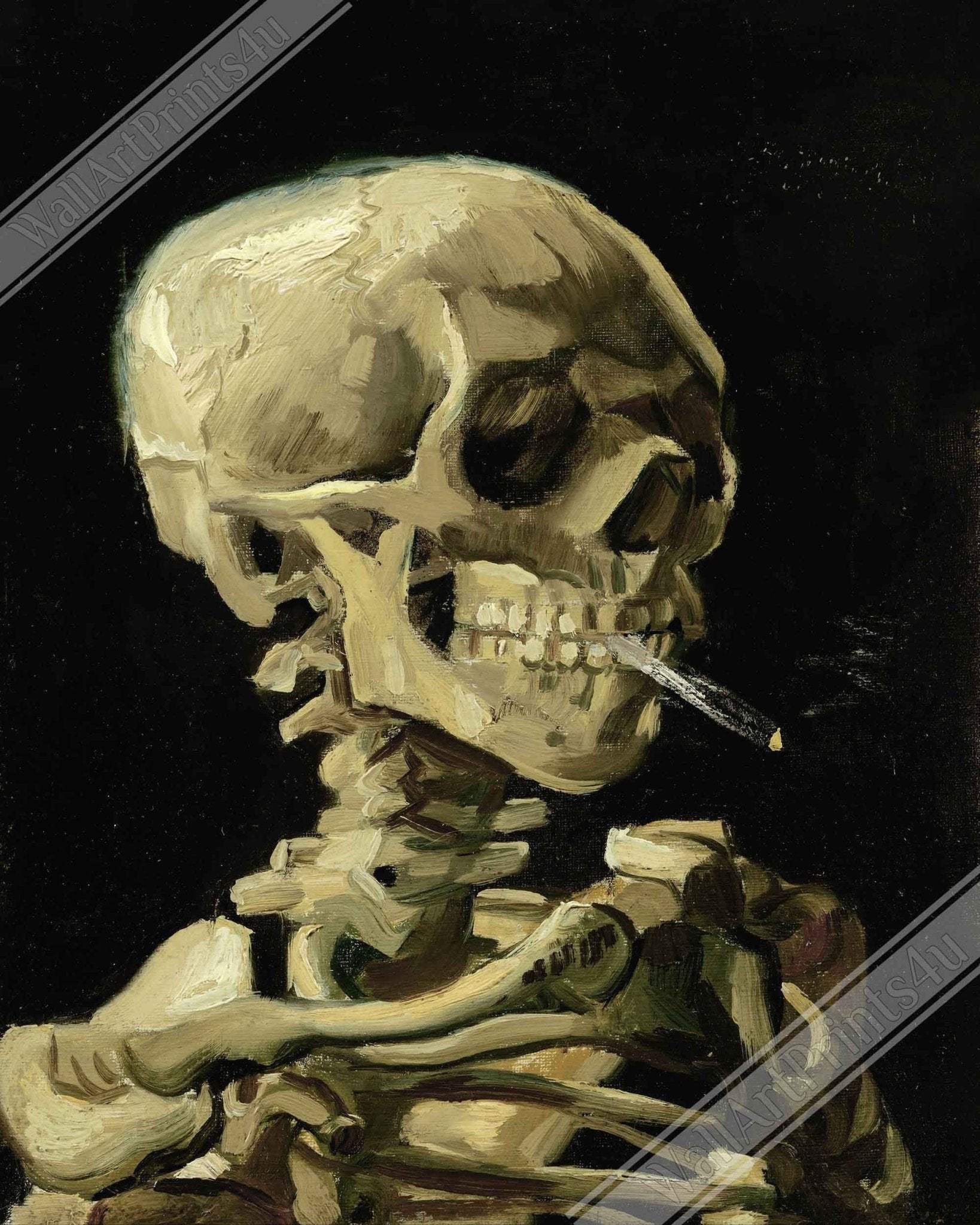 Van Gogh Skeleton With A Cigarette Canvas - Skull With A Burning Cigarette Canvas Print - WallArtPrints4U