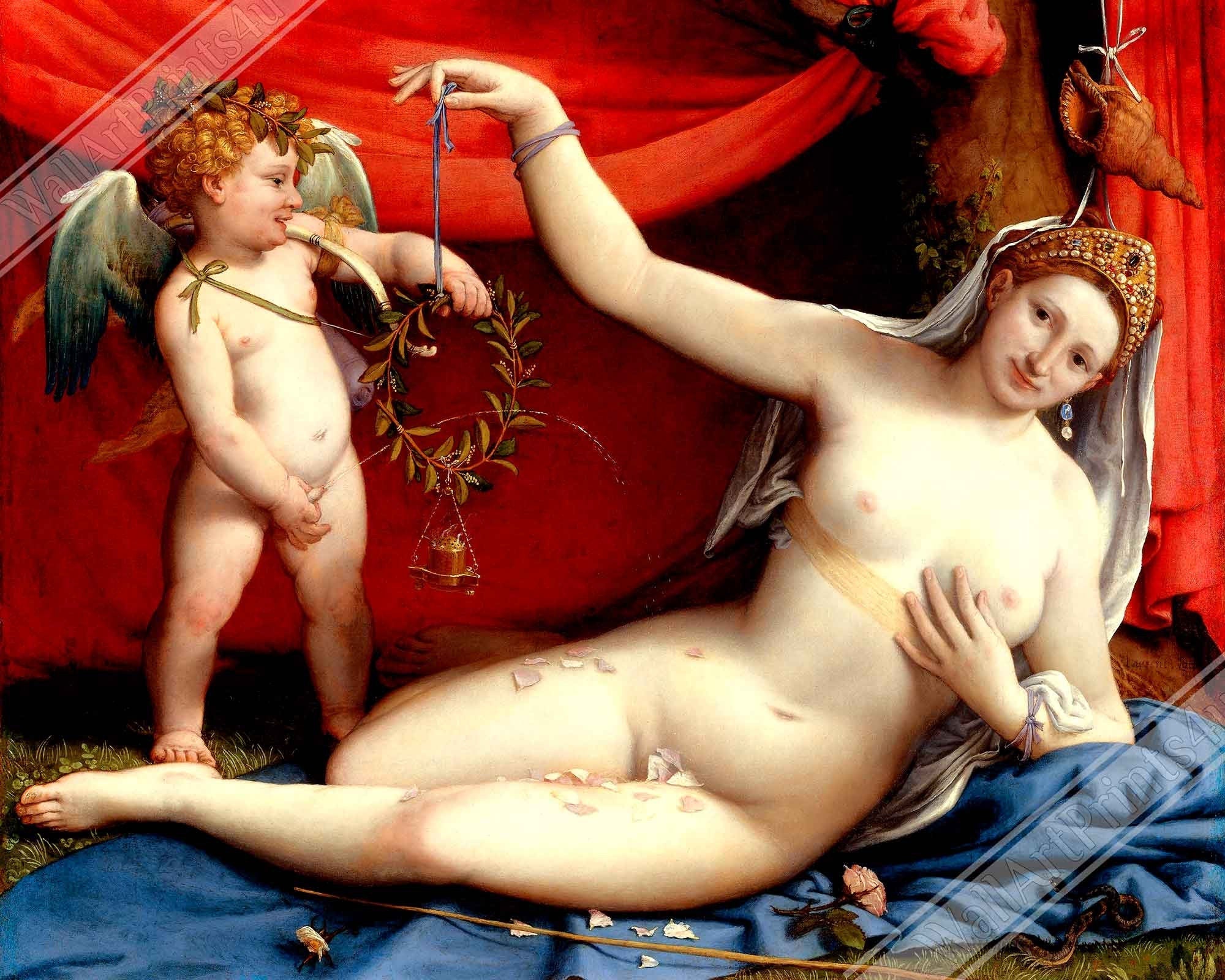 Venus And Cupid Urinating Poster Vintage Venus Cupid Print Lorenzo Lotto Circa 1530 - WallArtPrints4U