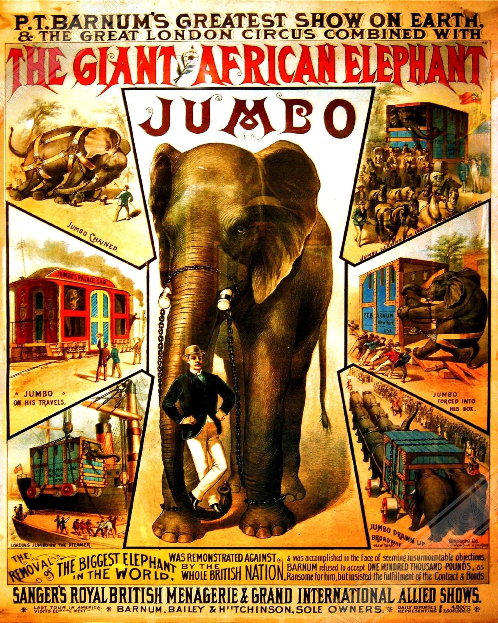 Vintage Circus Framed, Pt Barnum Giant Jumbo - Greatest Show On Earth Framed, 1888, Greatest Showman Movie UK, EU USA Domestic Shipping - WallArtPrints4U