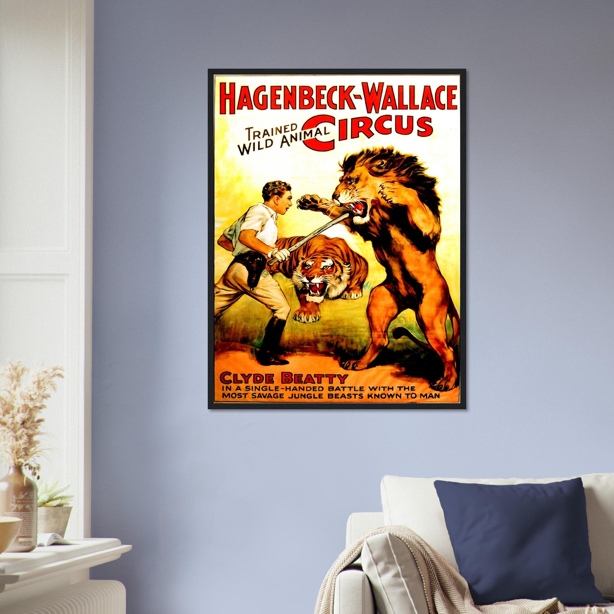 Vintage Circus Framed, Trained Lion Circus, Clyde Beatty, Hagenbeck Wallace, Circa 1934. UK, EU USA Domestic Shipping - WallArtPrints4U