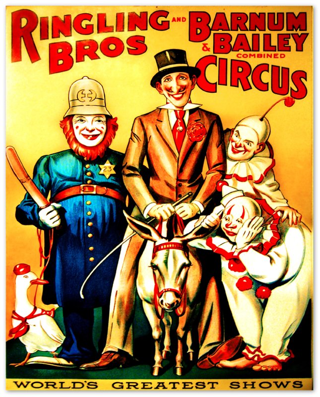 Vintage Circus Poster, Clowns Combined Circus, Ringling Brothers, Barnum & Bailey, Circa 1919. - WallArtPrints4U