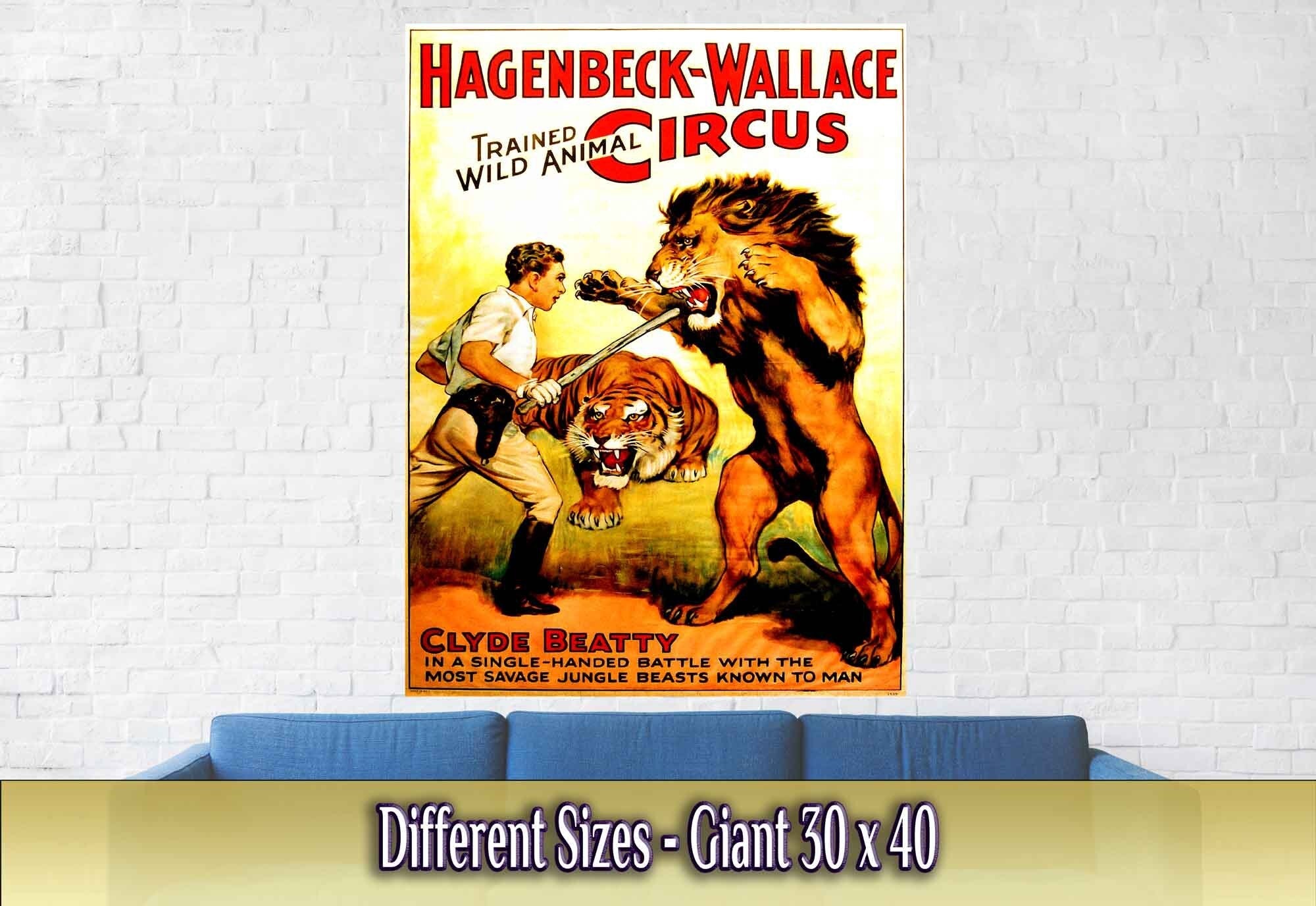 Vintage Circus Poster, Trained Lion Circus, Clyde Beatty, Hagenbeck Wallace, Circa 1934. - WallArtPrints4U