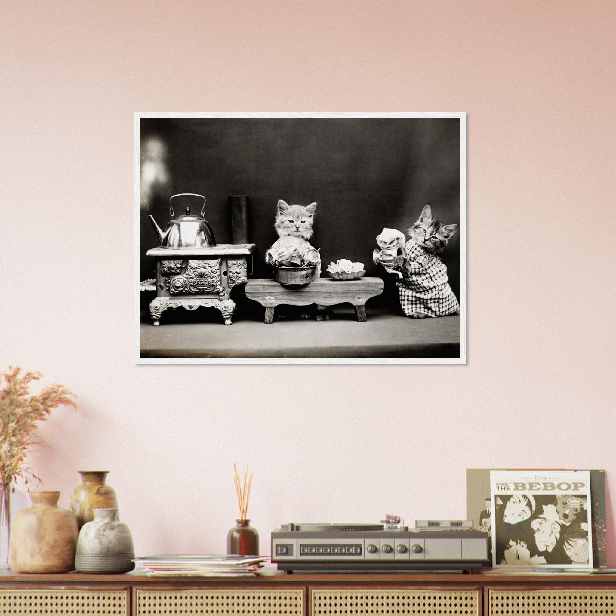 Vintage Cute Cat Framed Print Kitten Washing Dishes - Cute Kitten Framed Print - Vintage Cat Kitten Framed - WallArtPrints4U