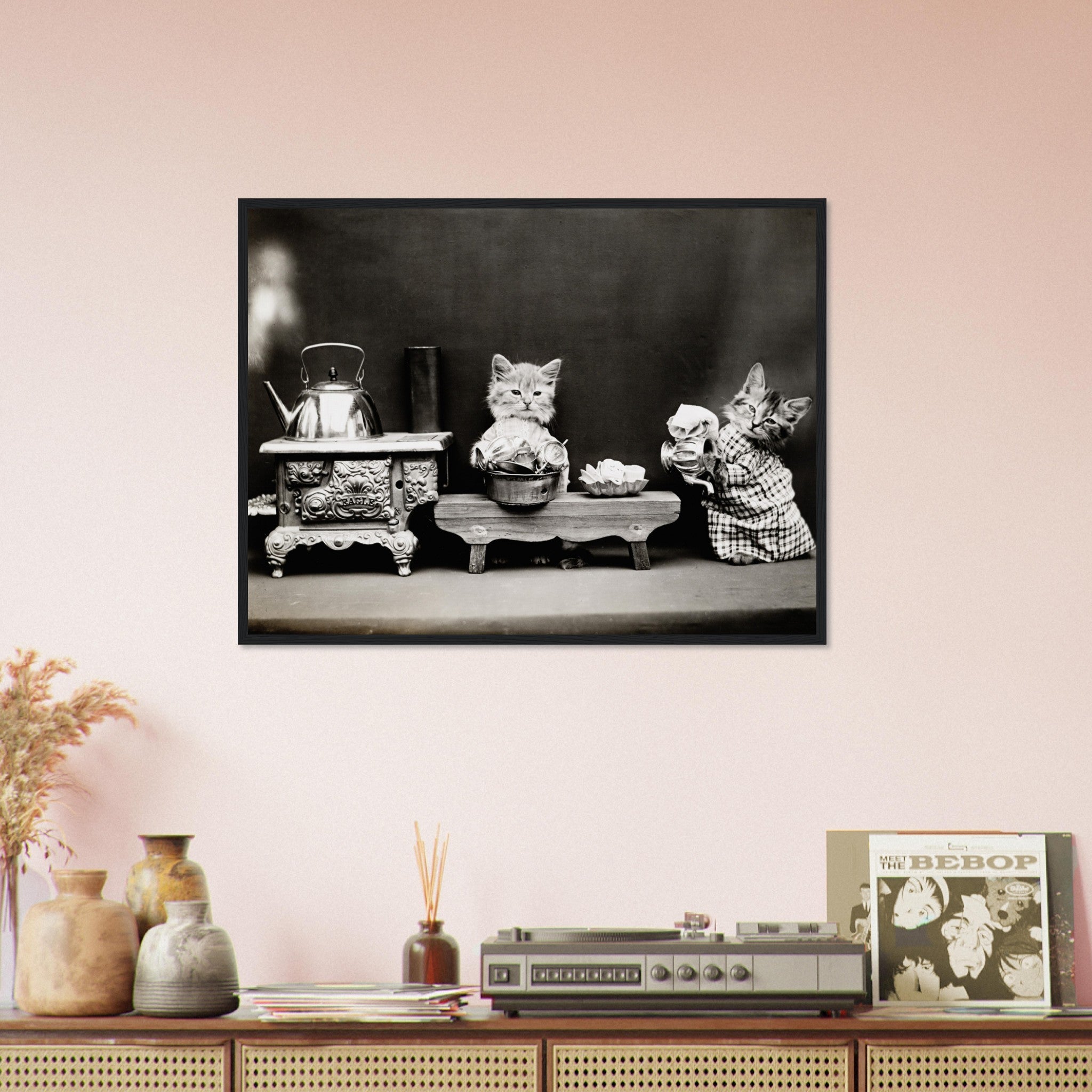 Vintage Cute Cat Framed Print Kitten Washing Dishes - Cute Kitten Framed Print - Vintage Cat Kitten Framed - WallArtPrints4U