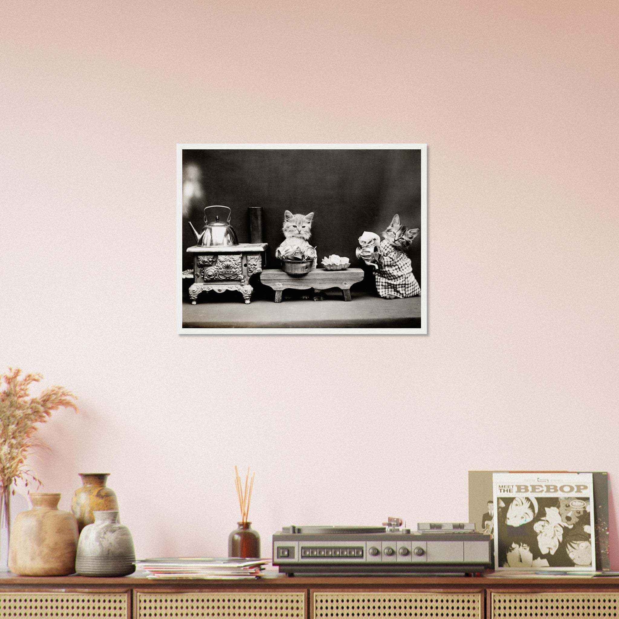 Vintage Cute Cat Framed Print Kitten Washing Dishes - Cute Kitten Framed Print - Vintage Cat Kitten Framed - WallArtPrints4U