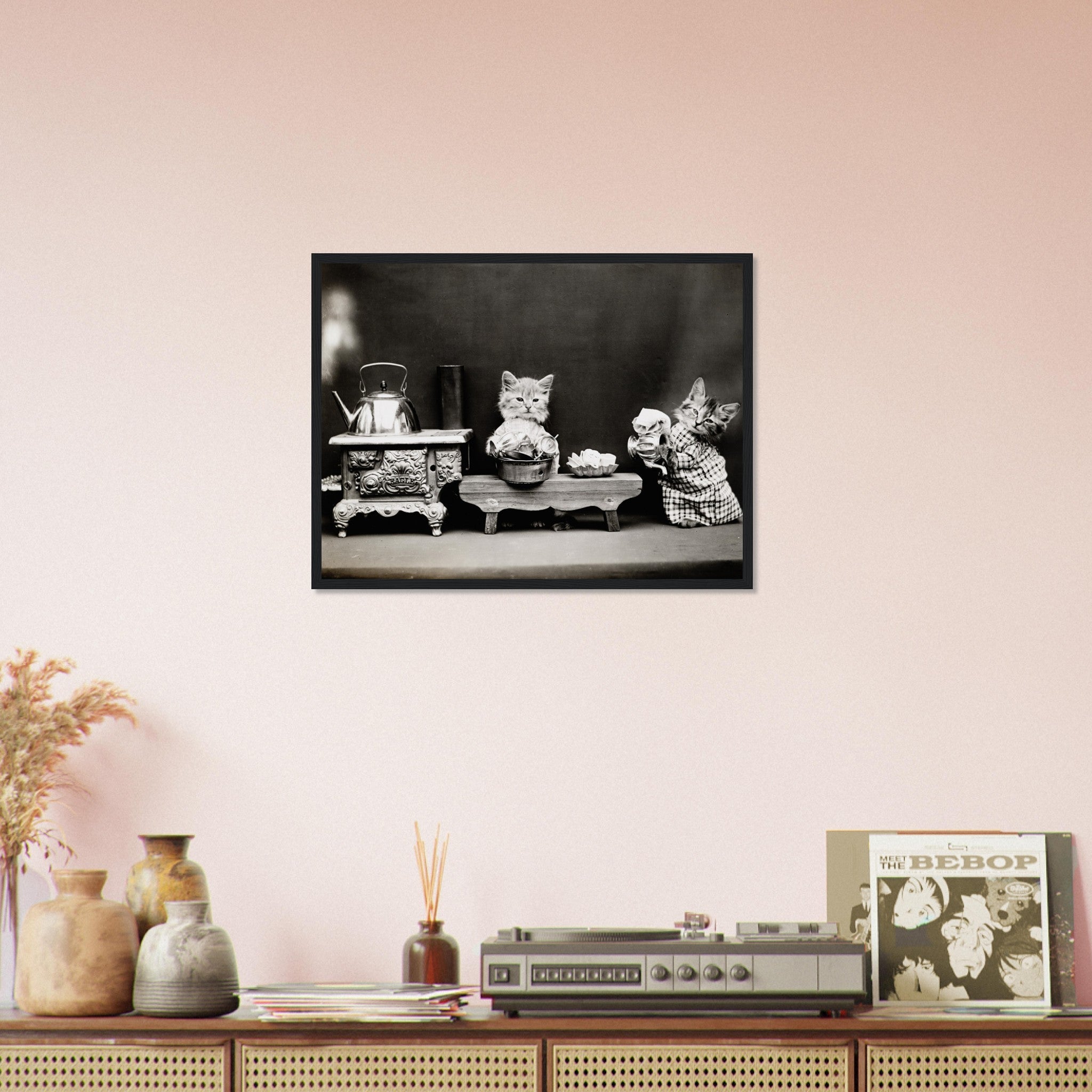 Vintage Cute Cat Framed Print Kitten Washing Dishes - Cute Kitten Framed Print - Vintage Cat Kitten Framed - WallArtPrints4U