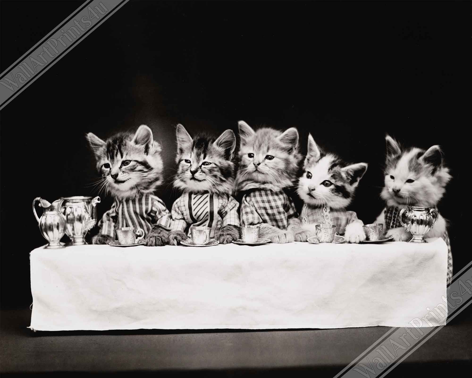Vintage Cute Kitten Cat Canvas Print Tea Party - Cute Kitten Canvas Print - Vintage Kitten Canvas - WallArtPrints4U