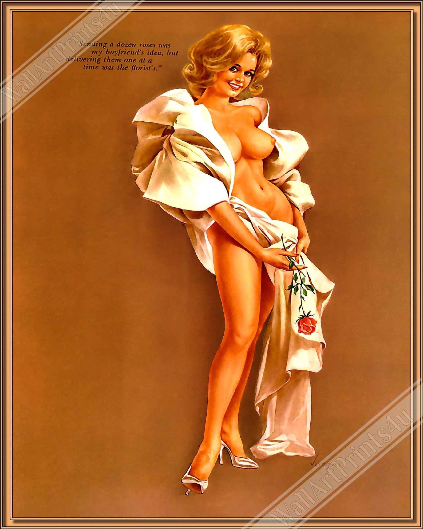 Vintage Pin Up Girl Canvas, Alberto Vargas, Dozen Roses, Playboy Works April 1966 - WallArtPrints4U